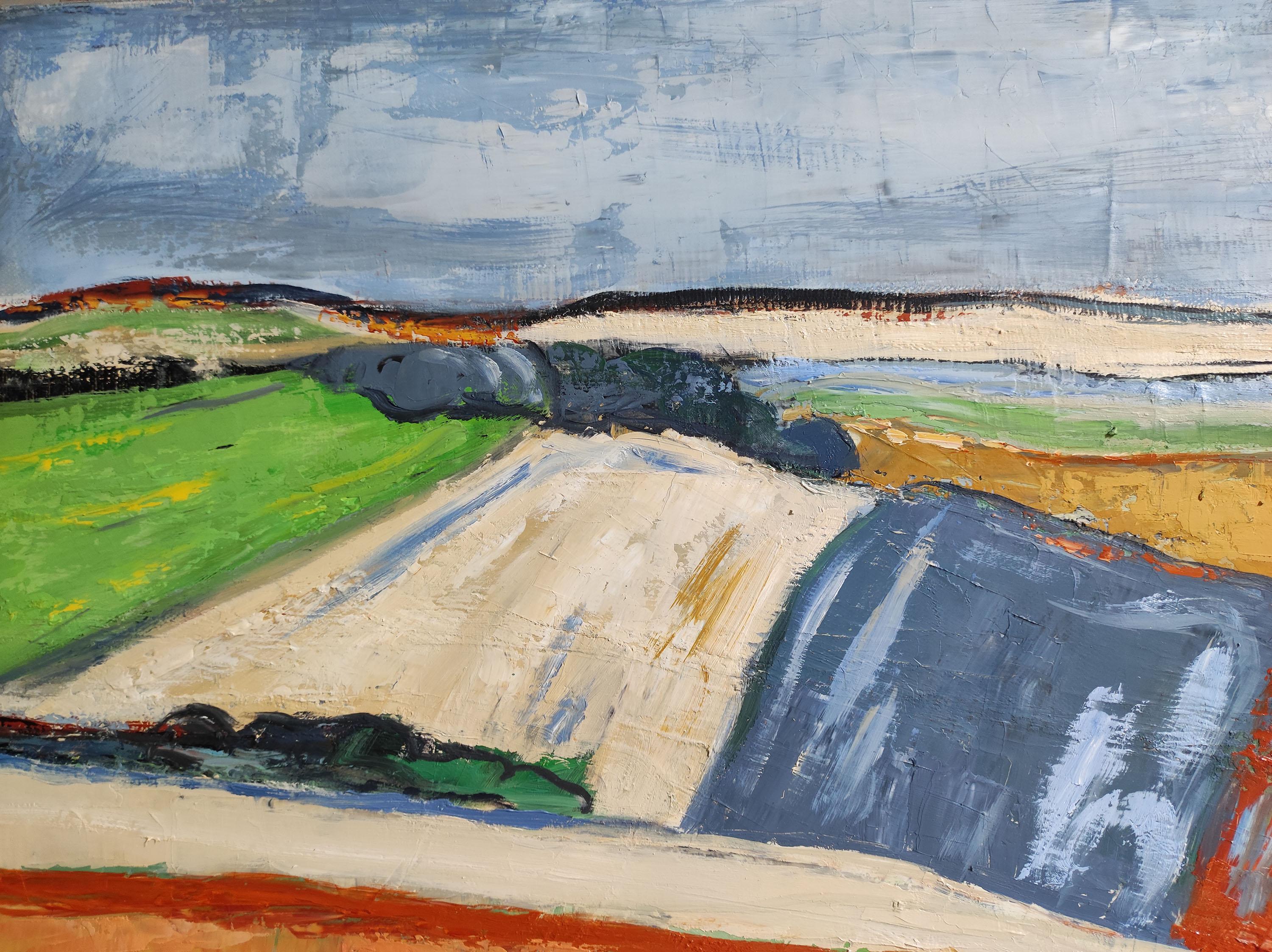 Fields in April, abstract landscape, blue, green, expressionist, contemporary For Sale 3