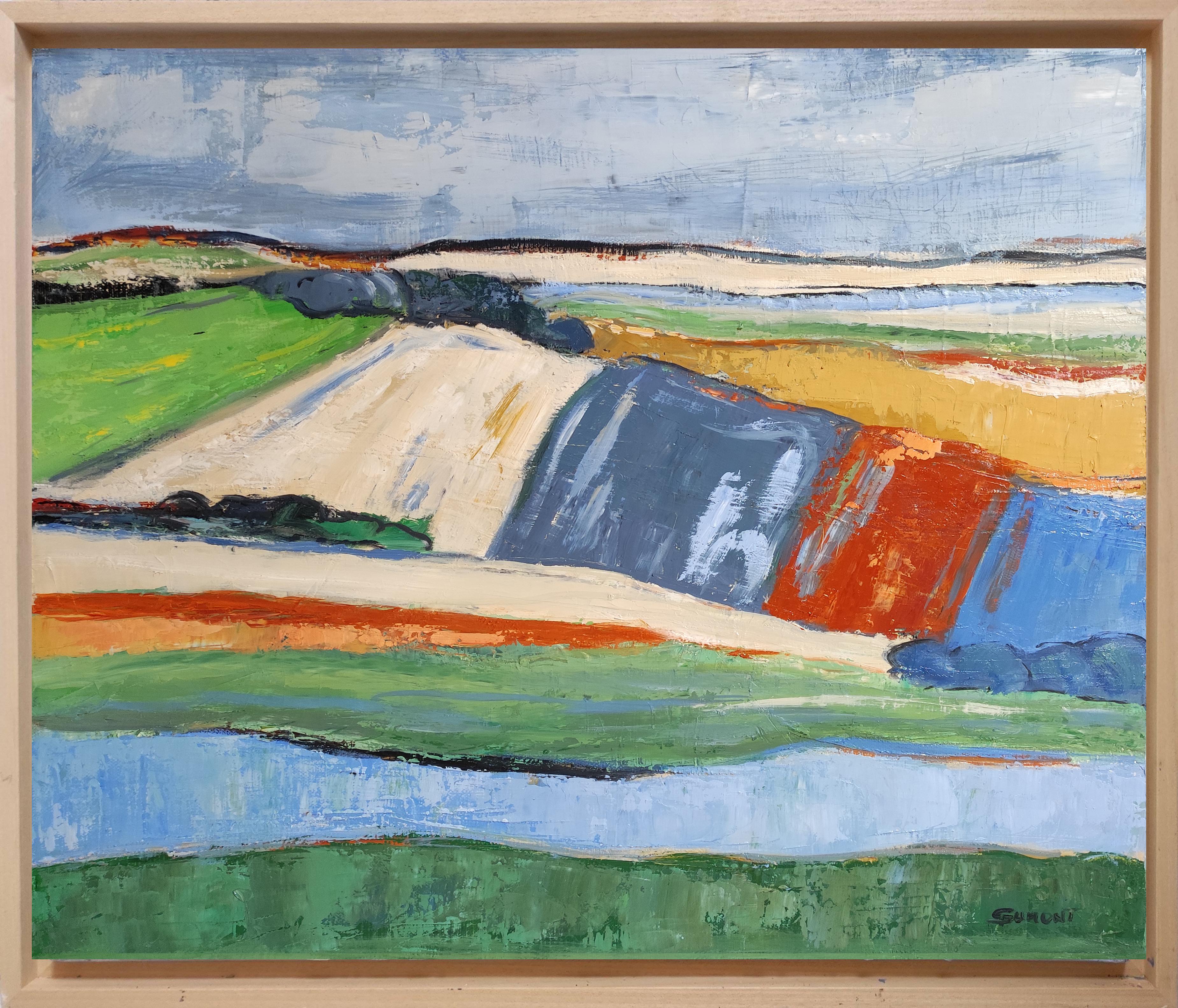 Fields in April, abstract landscape, blue, green, expressionist, contemporary - Painting by SOPHIE DUMONT