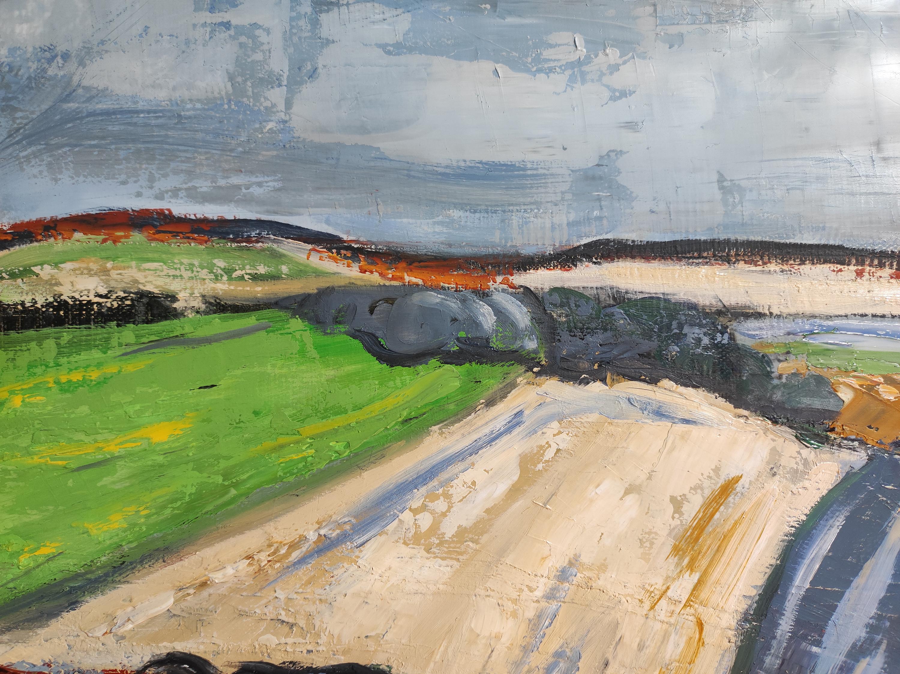 Fields in April, abstract landscape, blue, green, expressionist, contemporary - Abstract Expressionist Painting by SOPHIE DUMONT