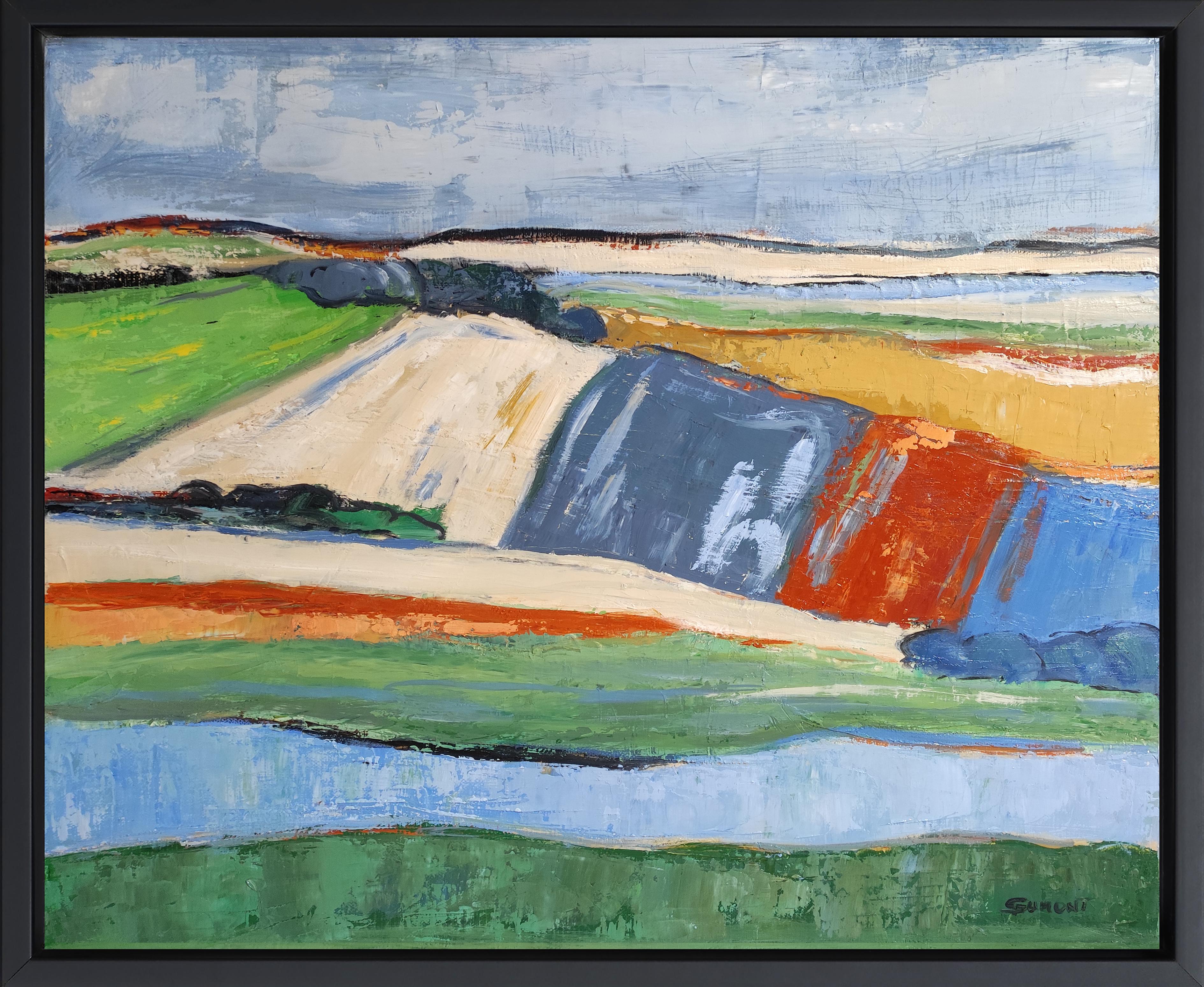Landscape Painting SOPHIE DUMONT - Fields in April, paysage abstrait, bleu, vert, expressionniste, contemporain