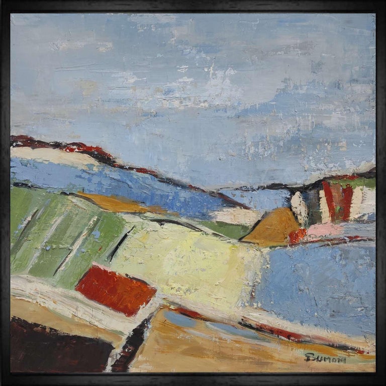 SOPHIE DUMONT Landscape Painting - Champs en été, paysage abstrait bleu,  Huile sur toile et couteau, 40 x 40 cm