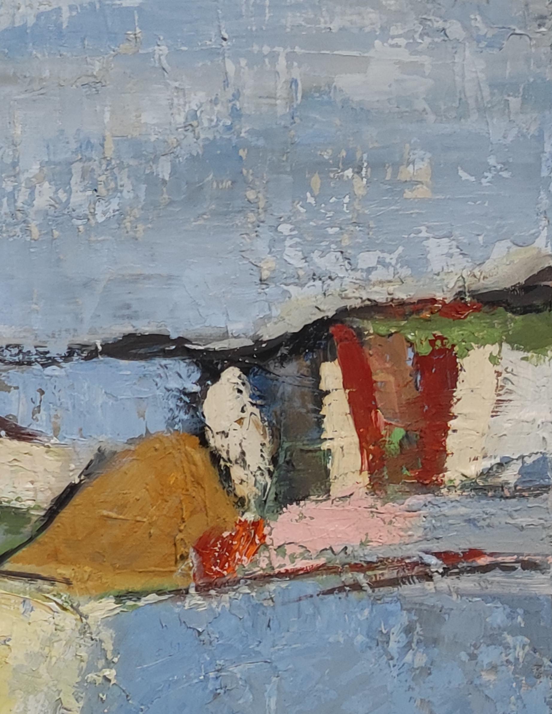 Campos en Verano, Paisaje Abstracto Azul, Óleo sobre Lienzo Expresionista, Moderno en venta 5