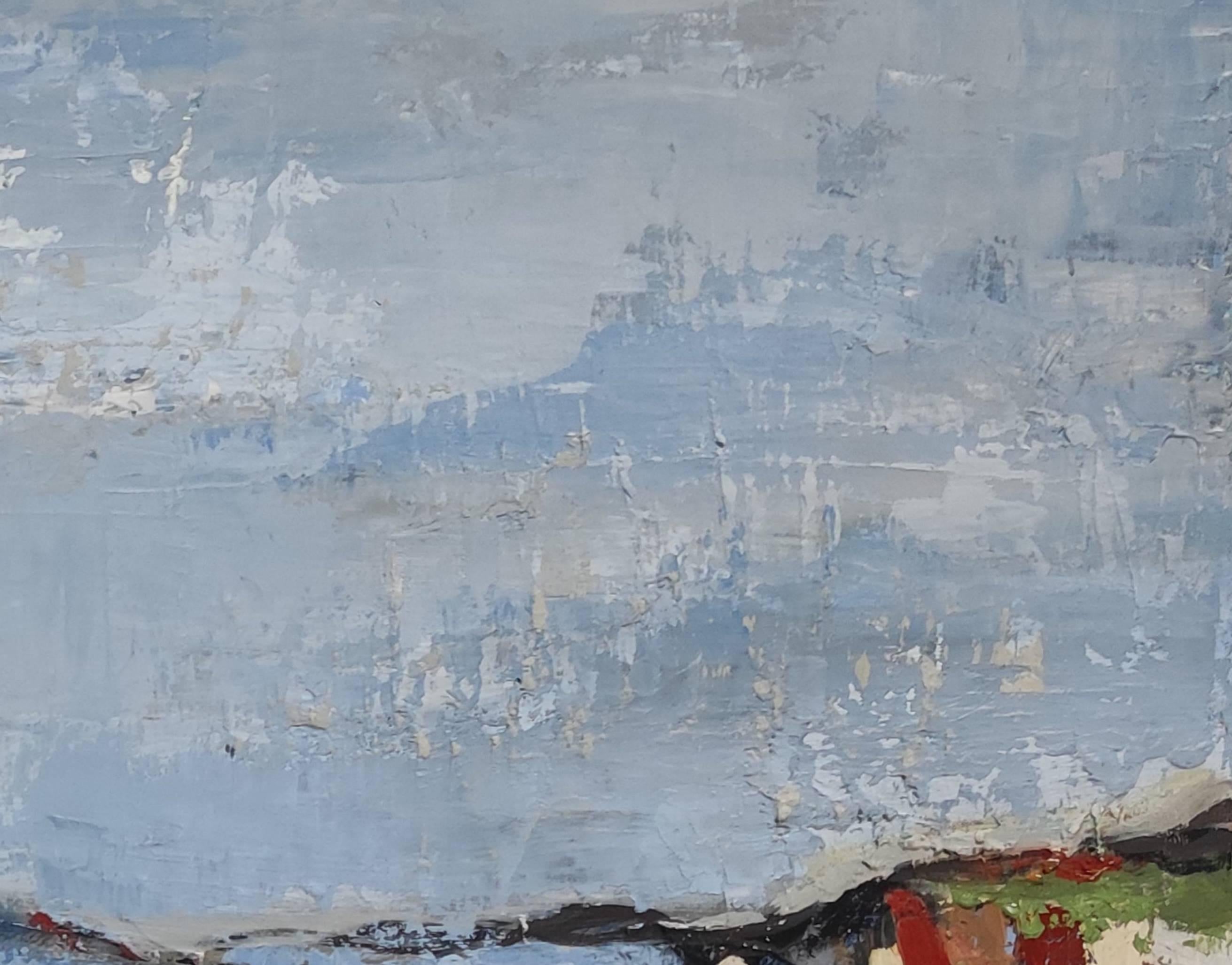 Campos en Verano, Paisaje Abstracto Azul, Óleo sobre Lienzo Expresionista, Moderno en venta 8