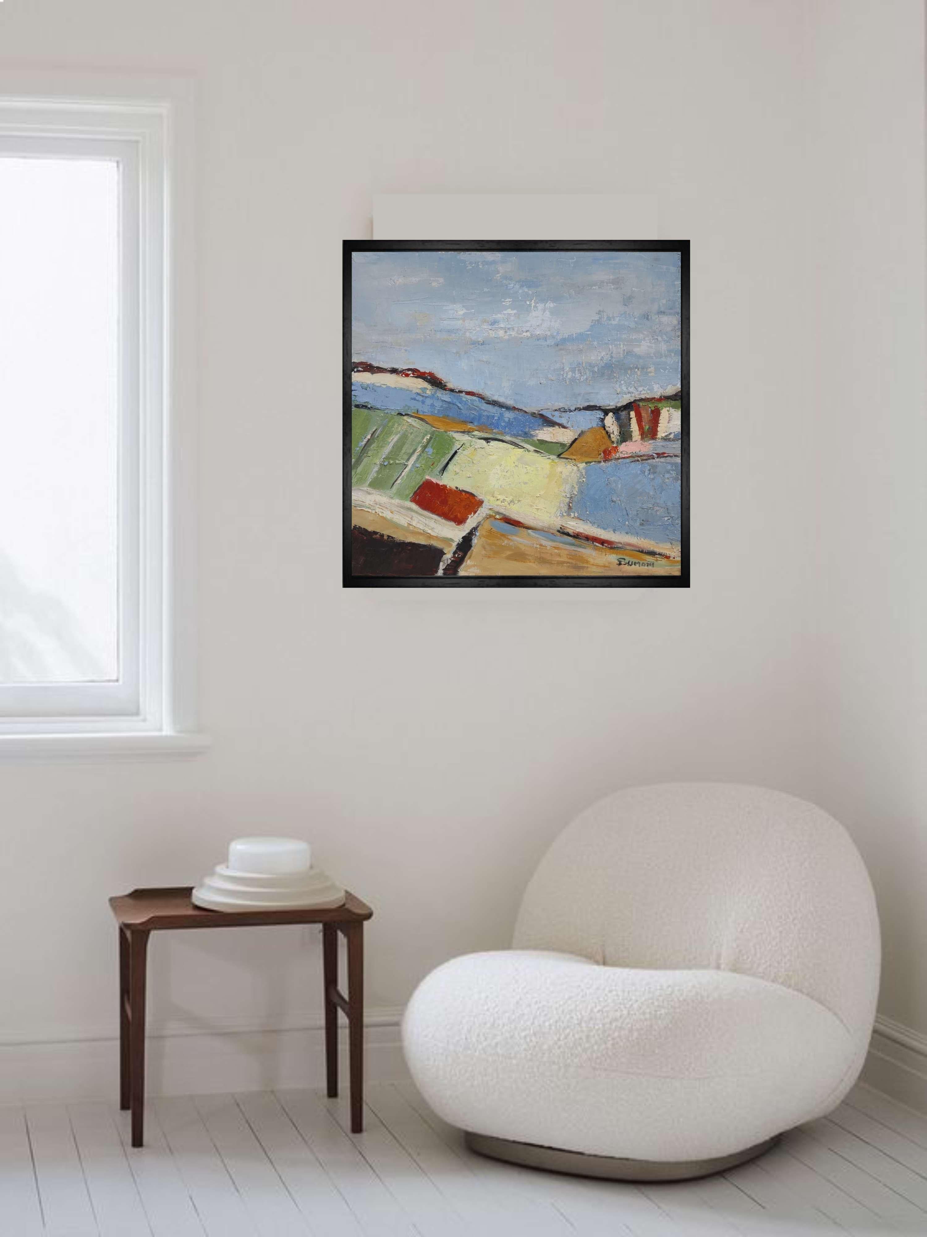 Campos en Verano, Paisaje Abstracto Azul, Óleo sobre Lienzo Expresionista, Moderno en venta 6