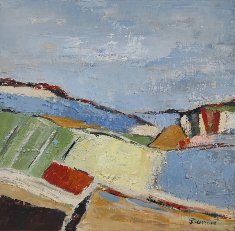 Champs en été, paysage abstrait bleu,  expressionniste huile sur toile, moderne - Abstrait Painting de SOPHIE DUMONT