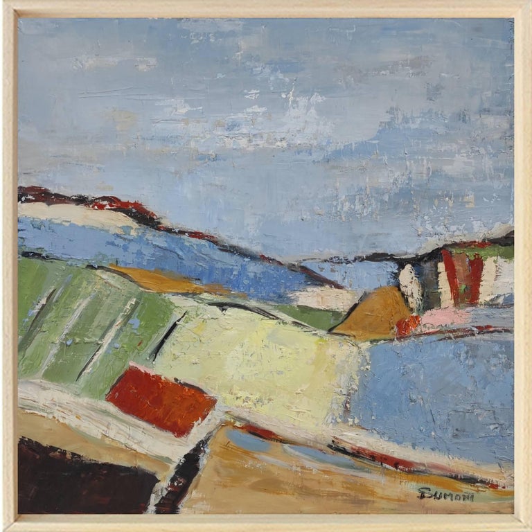 Champs en été, paysage abstrait bleu,  Huile sur toile et couteau, 40 x 40 cm - Painting de SOPHIE DUMONT