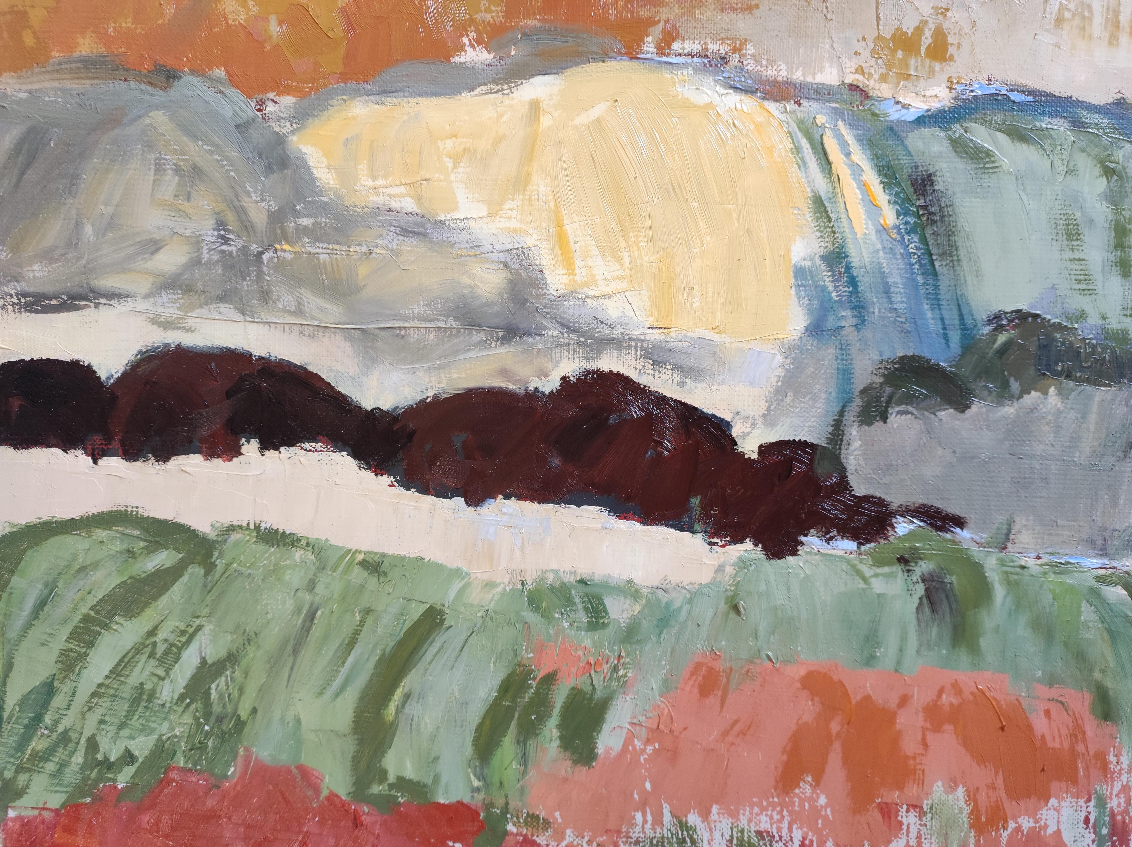 Oil on canvas
Framed dimensions: 57 x 57 cm (22.4 x 22.4 in)
Framed in black or natural wood floater (your choice) – Signed – Certificate of authenticity – Ready to hang
In Fields in Light, French artist Sophie Dumont presents a vibrant and poetic