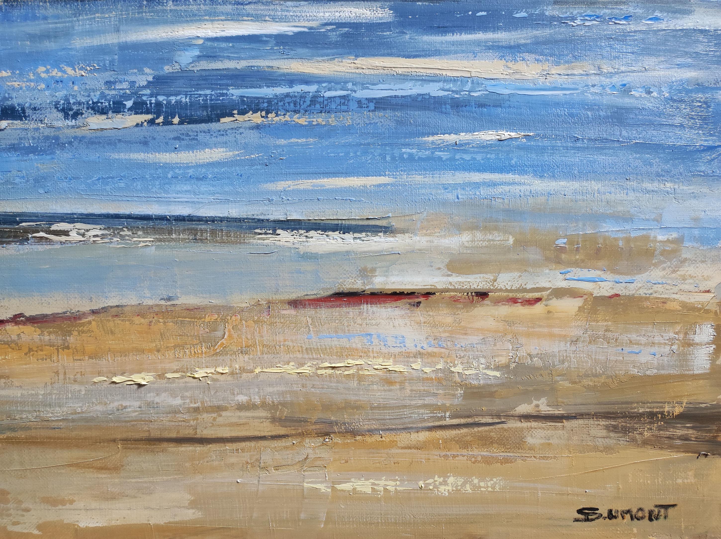 Cielo cambiante, Azul paisaje abstracto, expresionismo, playa, francés, moderno en venta 2