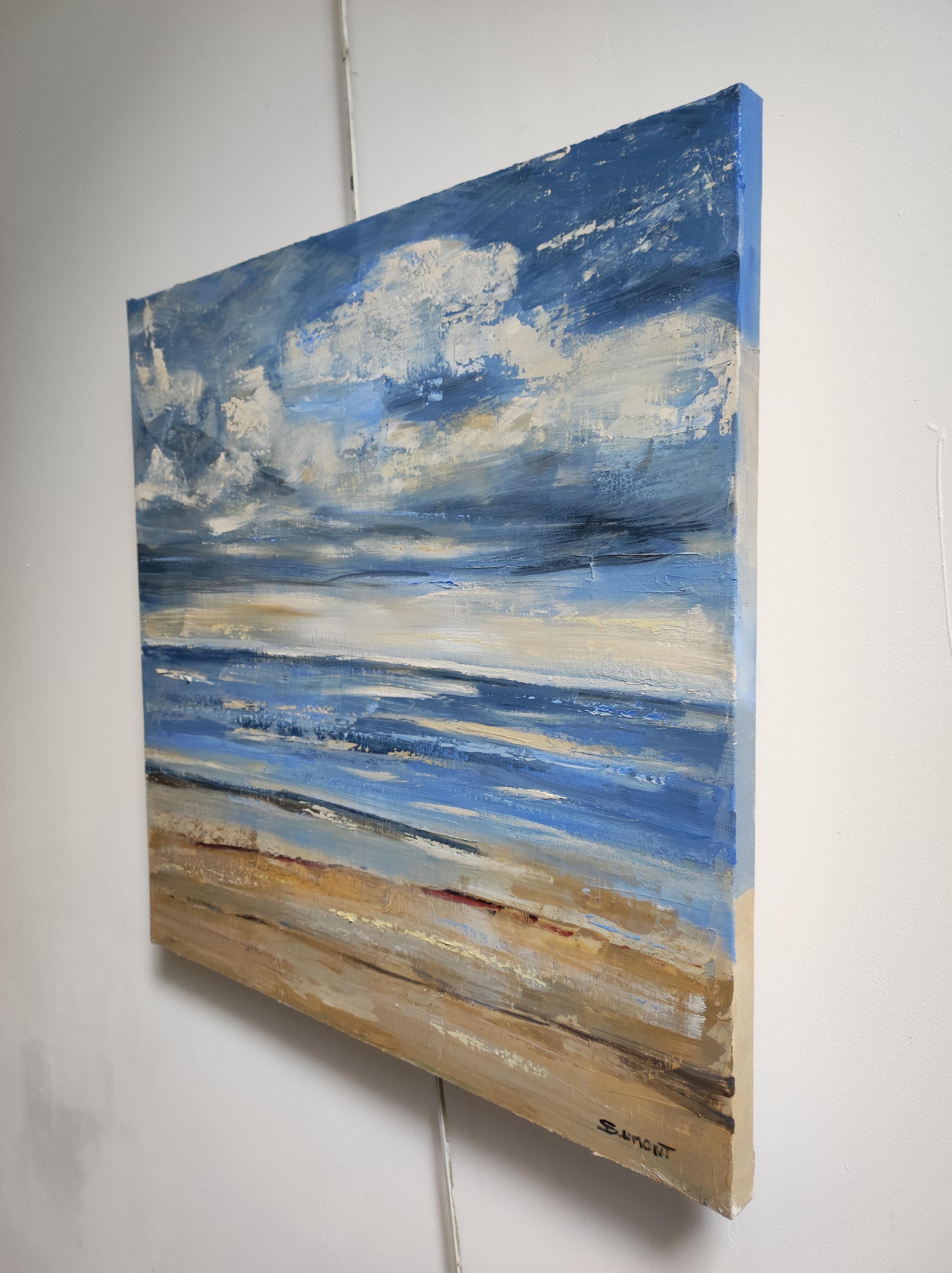 Cielo cambiante, Azul paisaje abstracto, expresionismo, playa, francés, moderno en venta 3