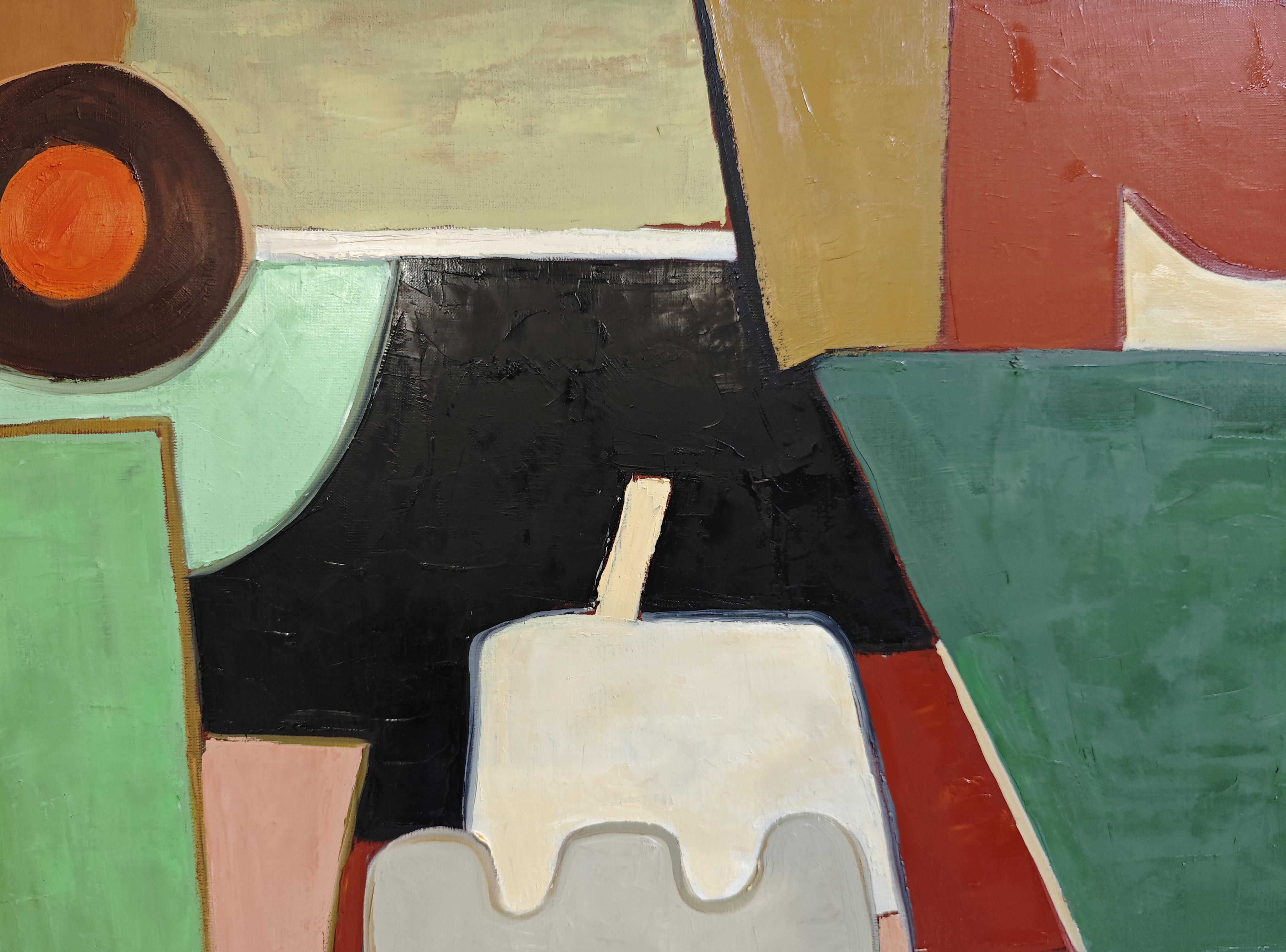 In Choreographie der Formen schafft Sophie Dumont ein raffiniertes abstraktes Interieur, in dem sich geometrische Flächen wie die Elemente eines stillen Tanzes entfalten. Die Komposition balanciert vertikale Linien, abgerundete Formen und Farbfelder