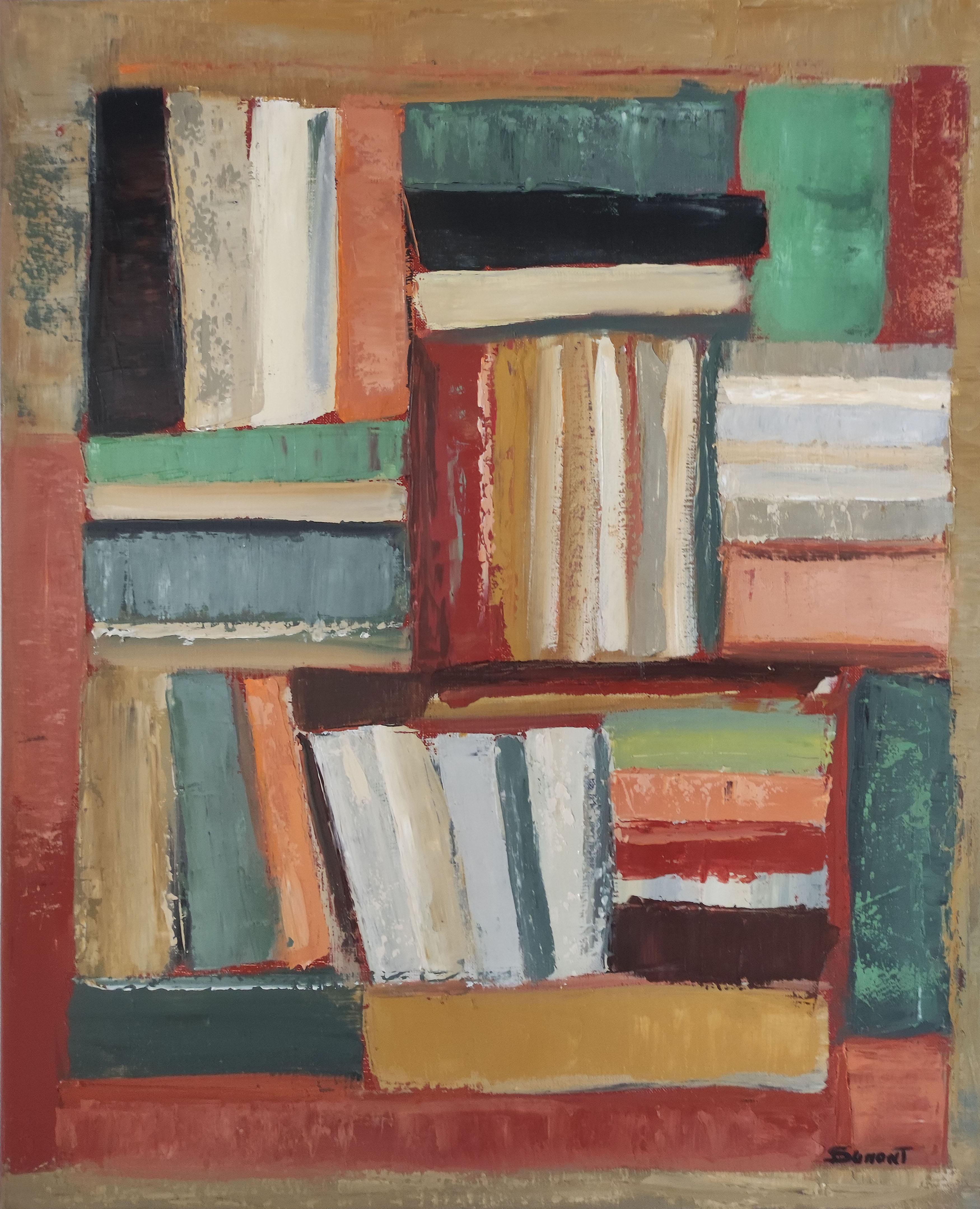 chromatic, colored abstract, books, oil on canvas, expressionism, geometric  - Painting by SOPHIE DUMONT