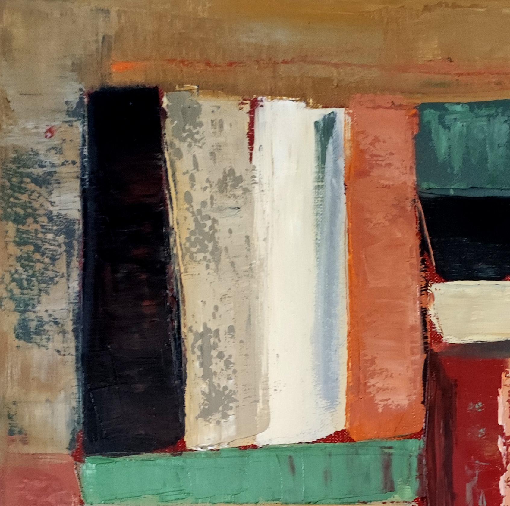chromatic, colored abstract, books, oil on canvas, expressionism, geometric  - Abstract Geometric Painting by SOPHIE DUMONT