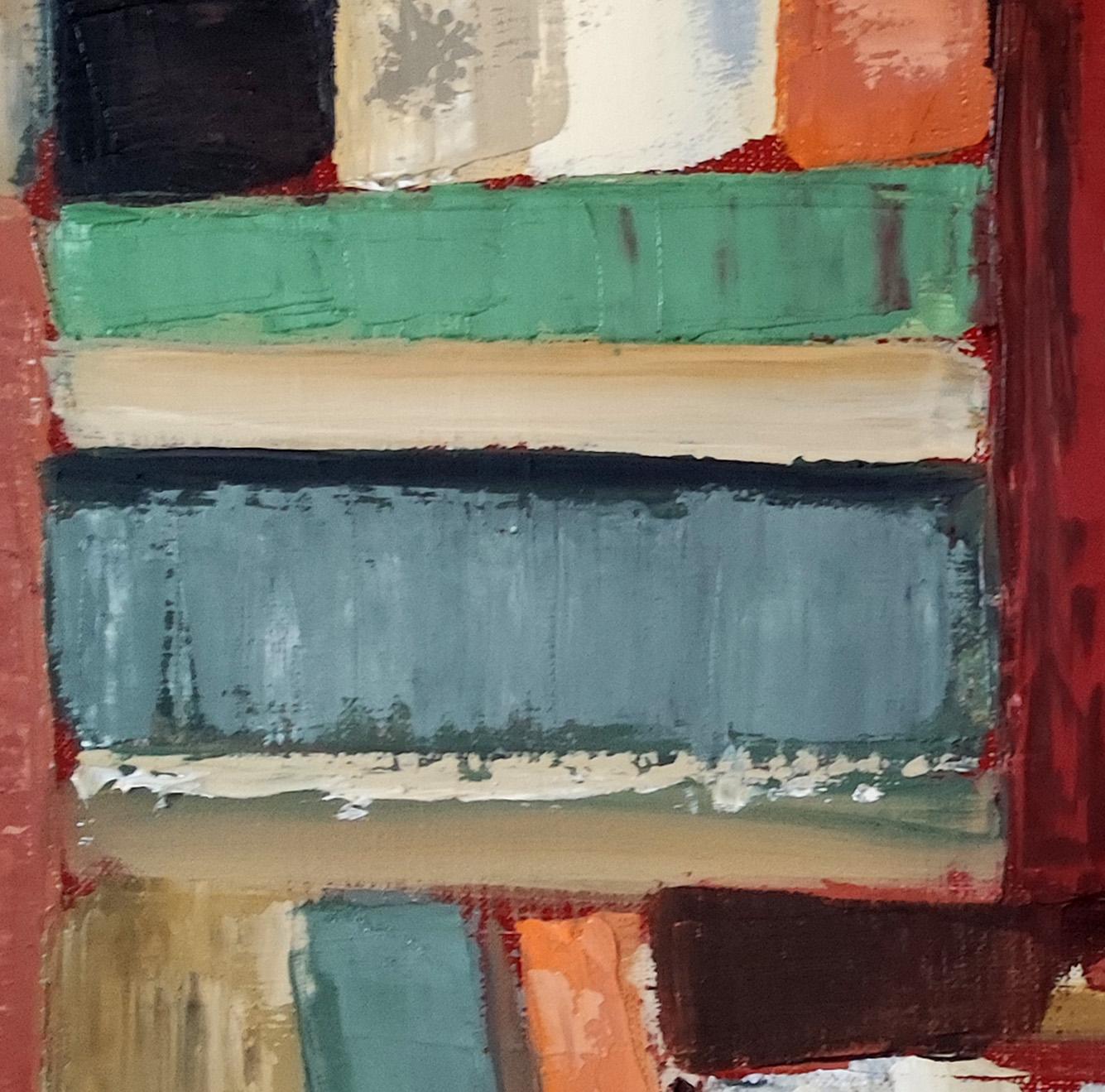 geometric abstract painting of books in a library.
The colors are muted, mixing warm and cold colors.
The library is a favorite subject of the artist who began his series in 2016 and is still relevant
Oil on canvas worked with a knife with a fairly