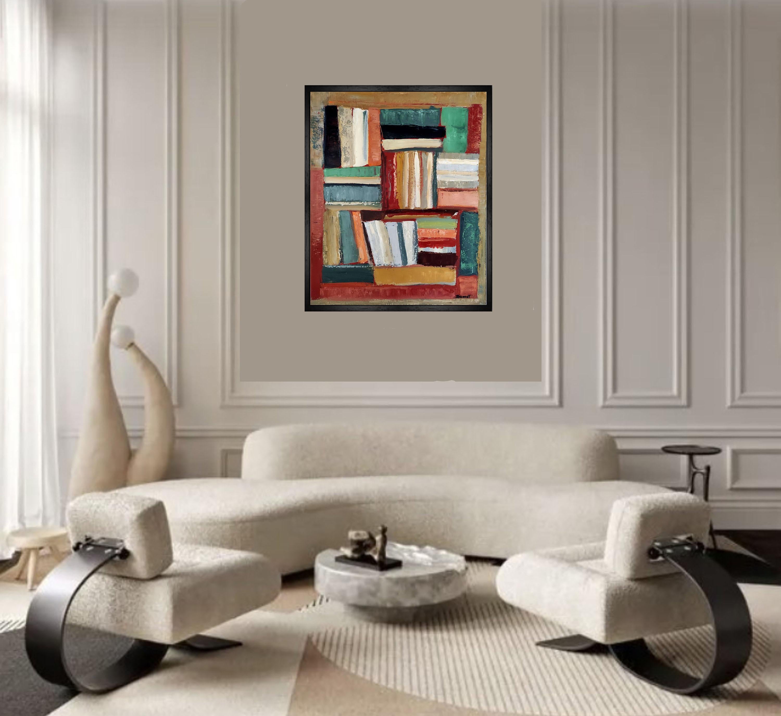 chromatic, colored abstract, books, oil on canvas, expressionism, geometric  - Brown Abstract Painting by SOPHIE DUMONT