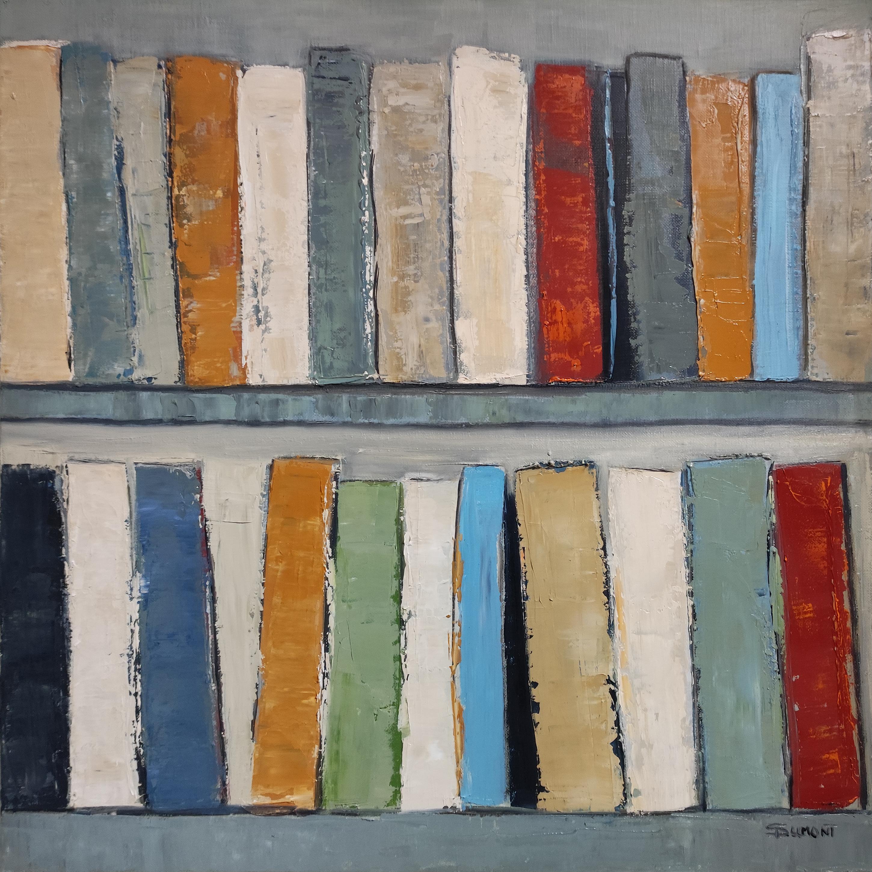 Bound by Color, Abstract, oil on canvas, Books, Library, Expressionism, French - Painting by SOPHIE DUMONT