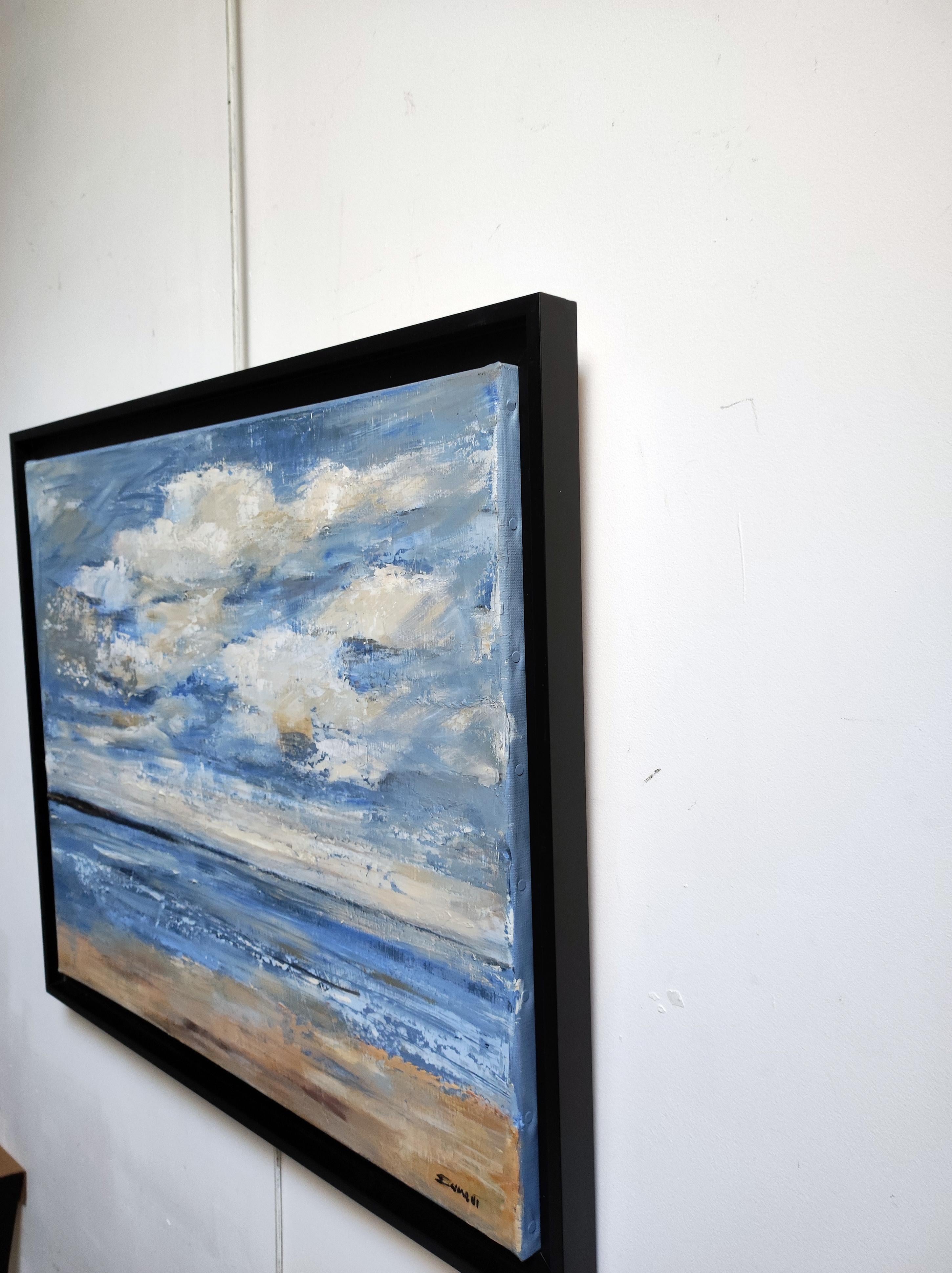 Abstract seaside, expressionist worked in oil on linen canvas
Landscape, marine, between sky and sea, treated with oil and knife. The sky looks like a free variation bordering on abstraction.
The sky is painted in full paste in a brightly colored