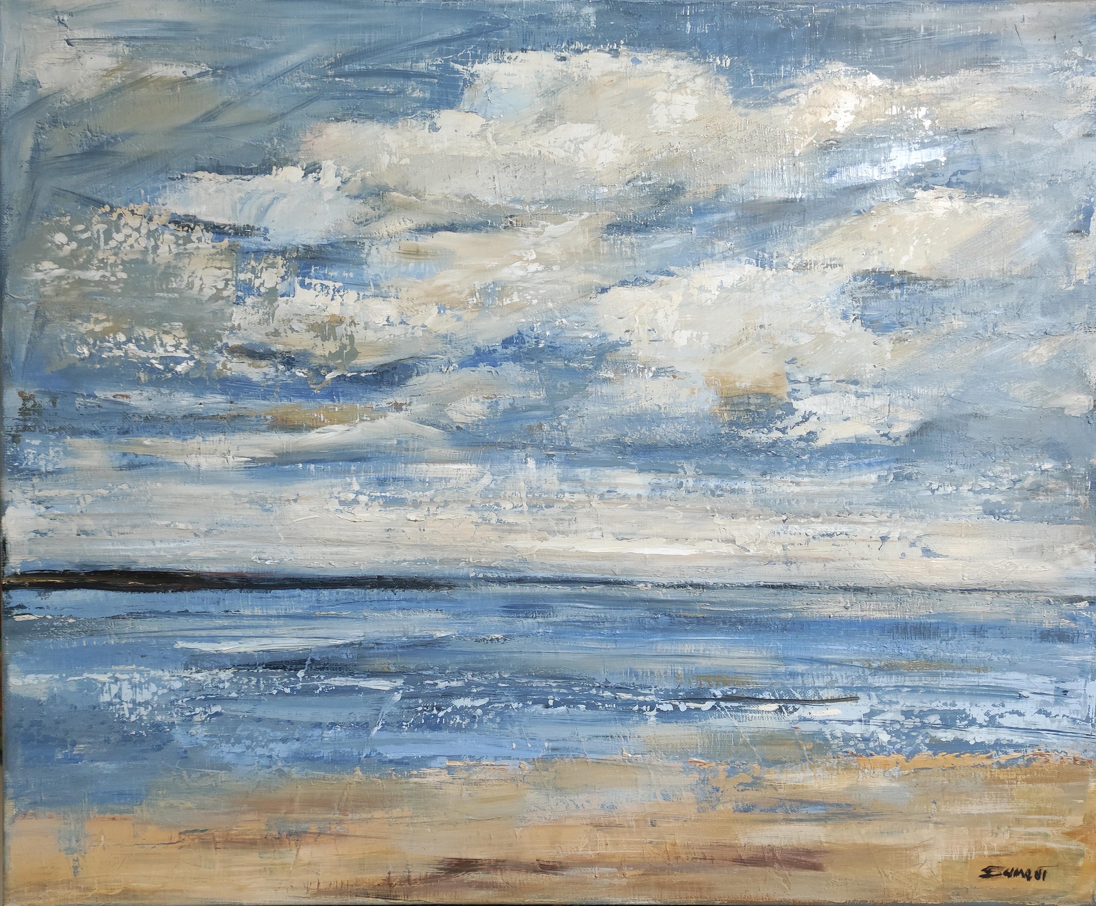 Ciel de traine, Beach, Seaside, Abstract, Blue, Expressionism, Oil, Landscape - Painting by SOPHIE DUMONT