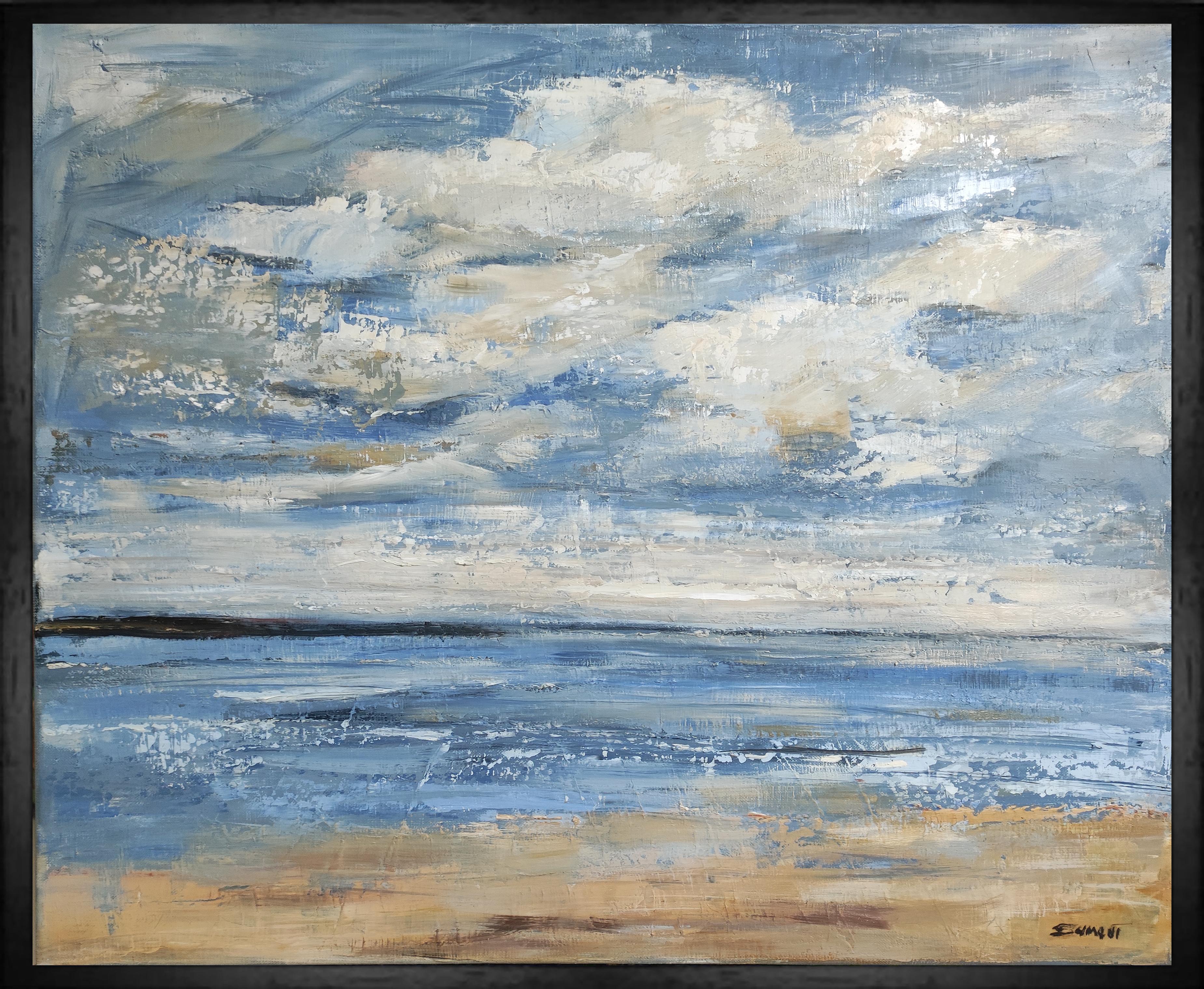ciel de traine, plage, bord de mer, abstrait, bleu, expressionnisme, huile, paysage