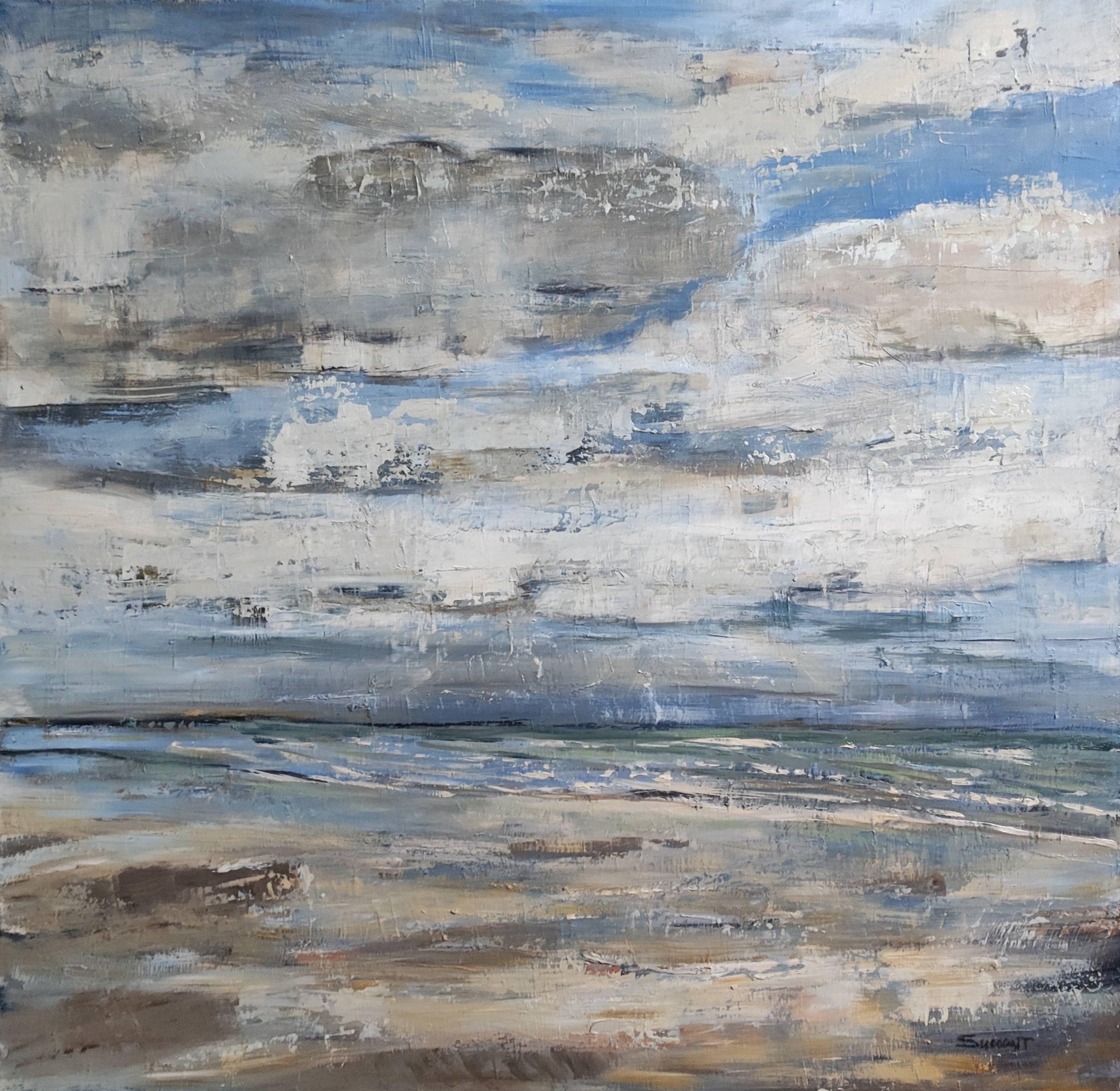 GRAY SKY, marine, seaside series, oil on canvas, semi-abstract, blue, texture - Painting by SOPHIE DUMONT