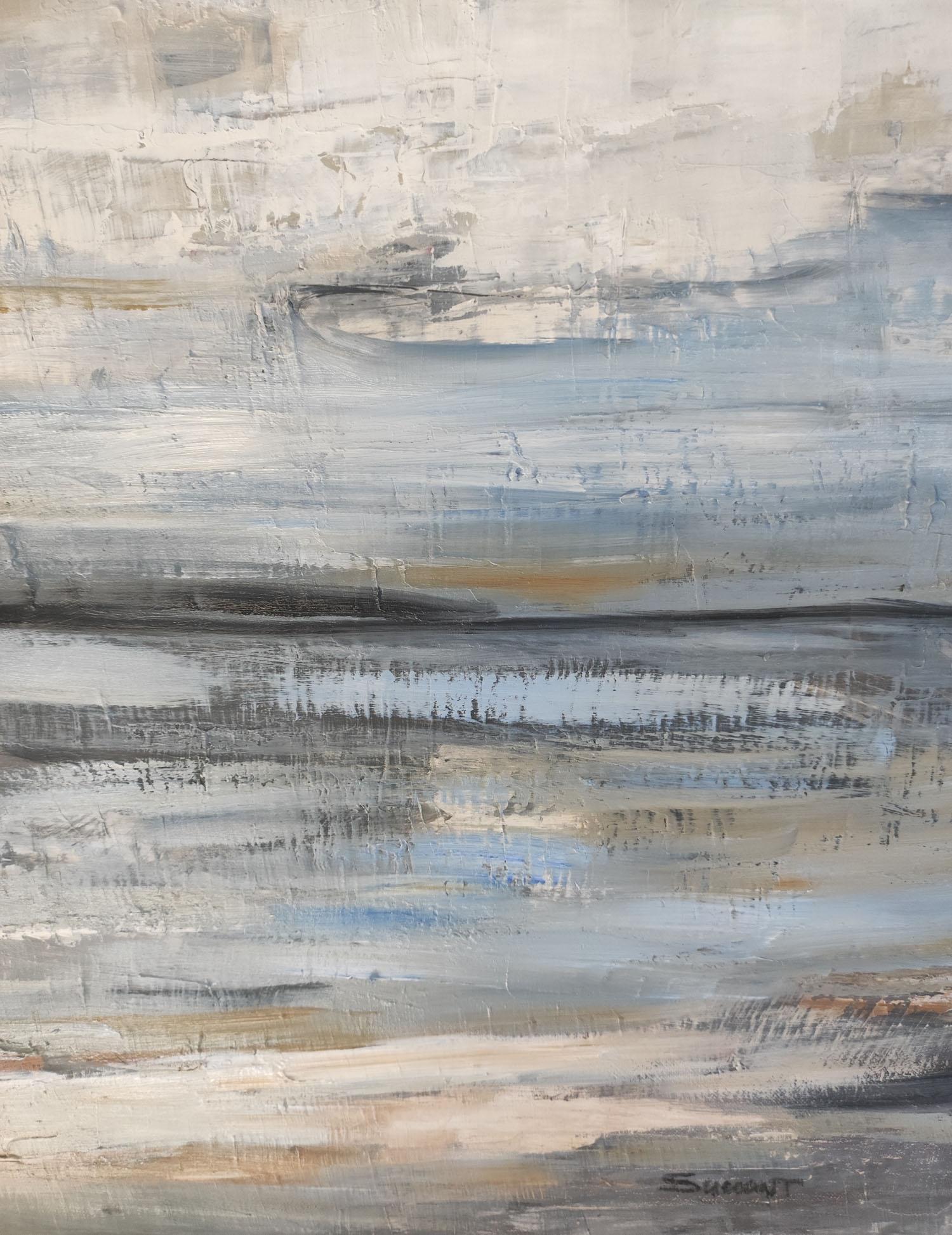GRAY SKY, Marine, seaside, Oil on canvas, Semi-abstract, Blue, Impressionism - Gray Figurative Painting by SOPHIE DUMONT