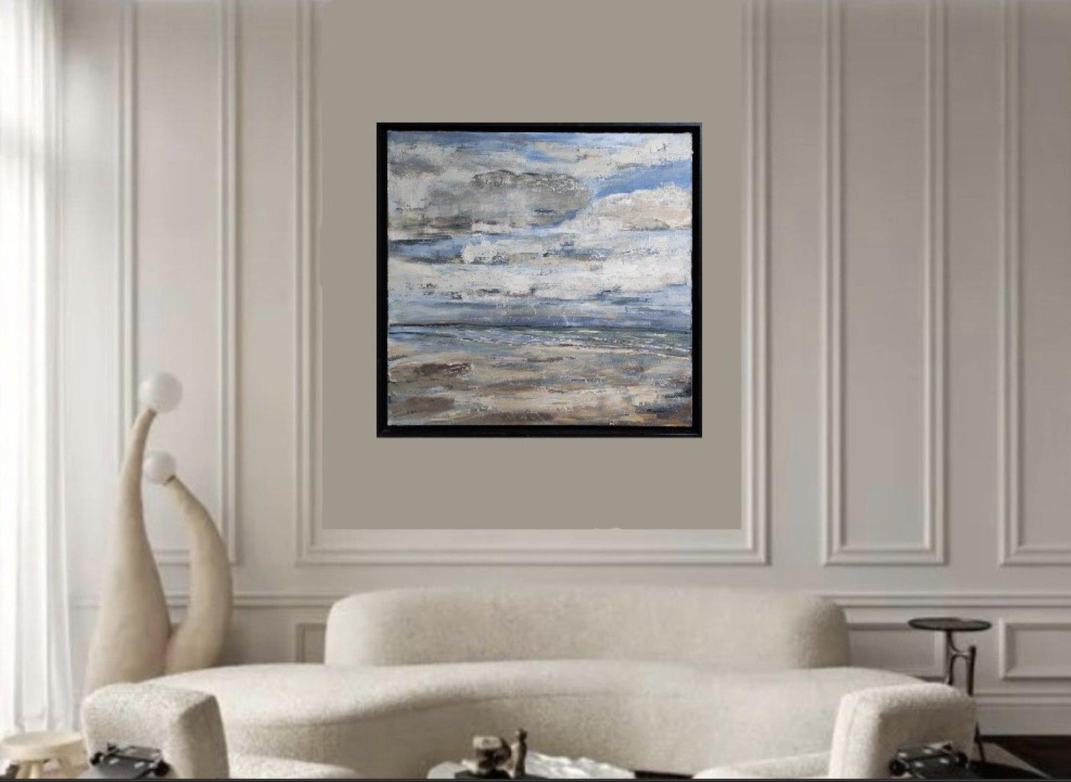 GRAY SKY, Marine, seaside, Oil on canvas, Semi-abstract, Blue, Impressionism For Sale 3