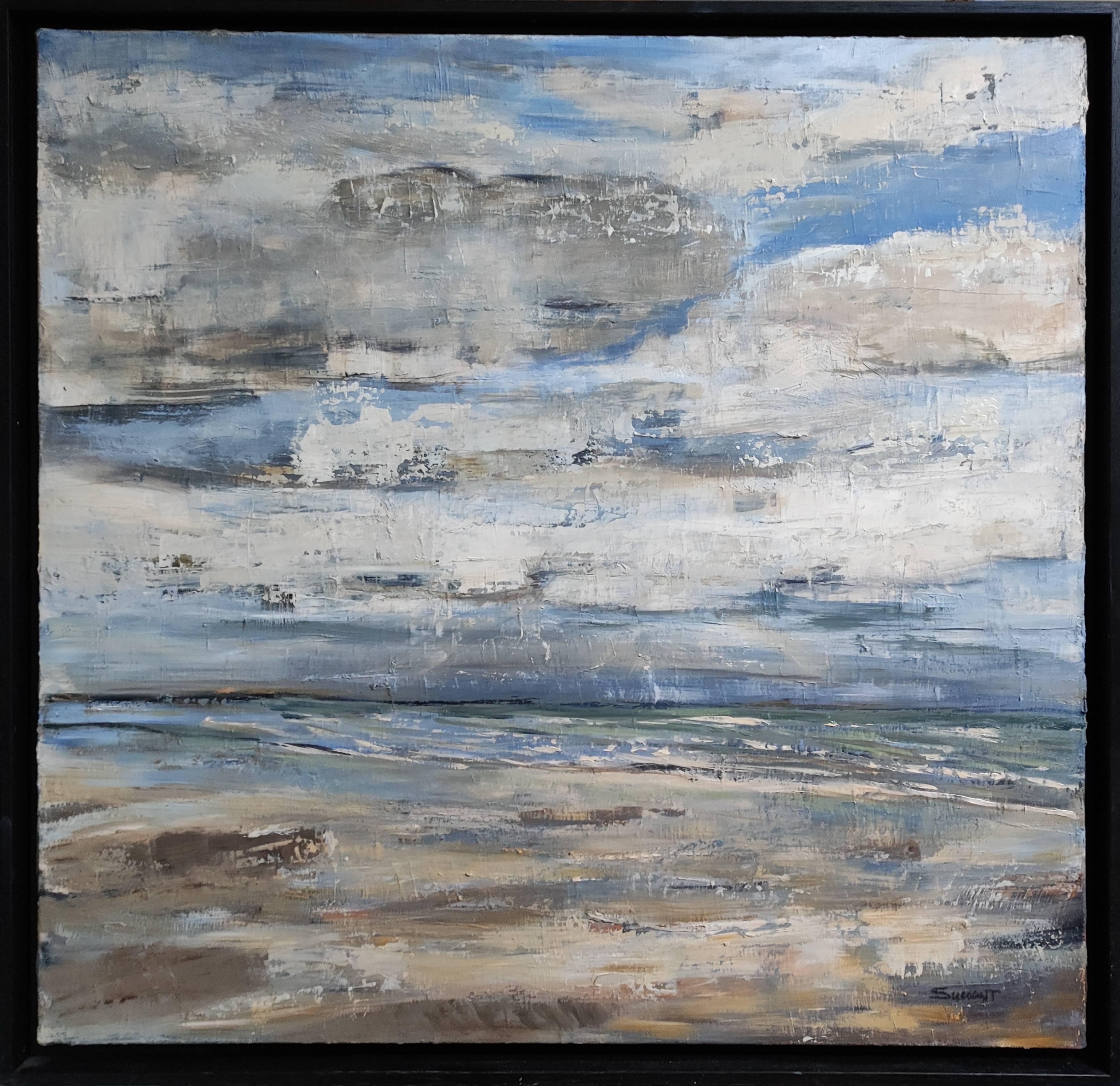 SOPHIE DUMONT Figurative Painting - GRAY SKY, marine, seaside series, oil on canvas, semi-abstract, blue, texture