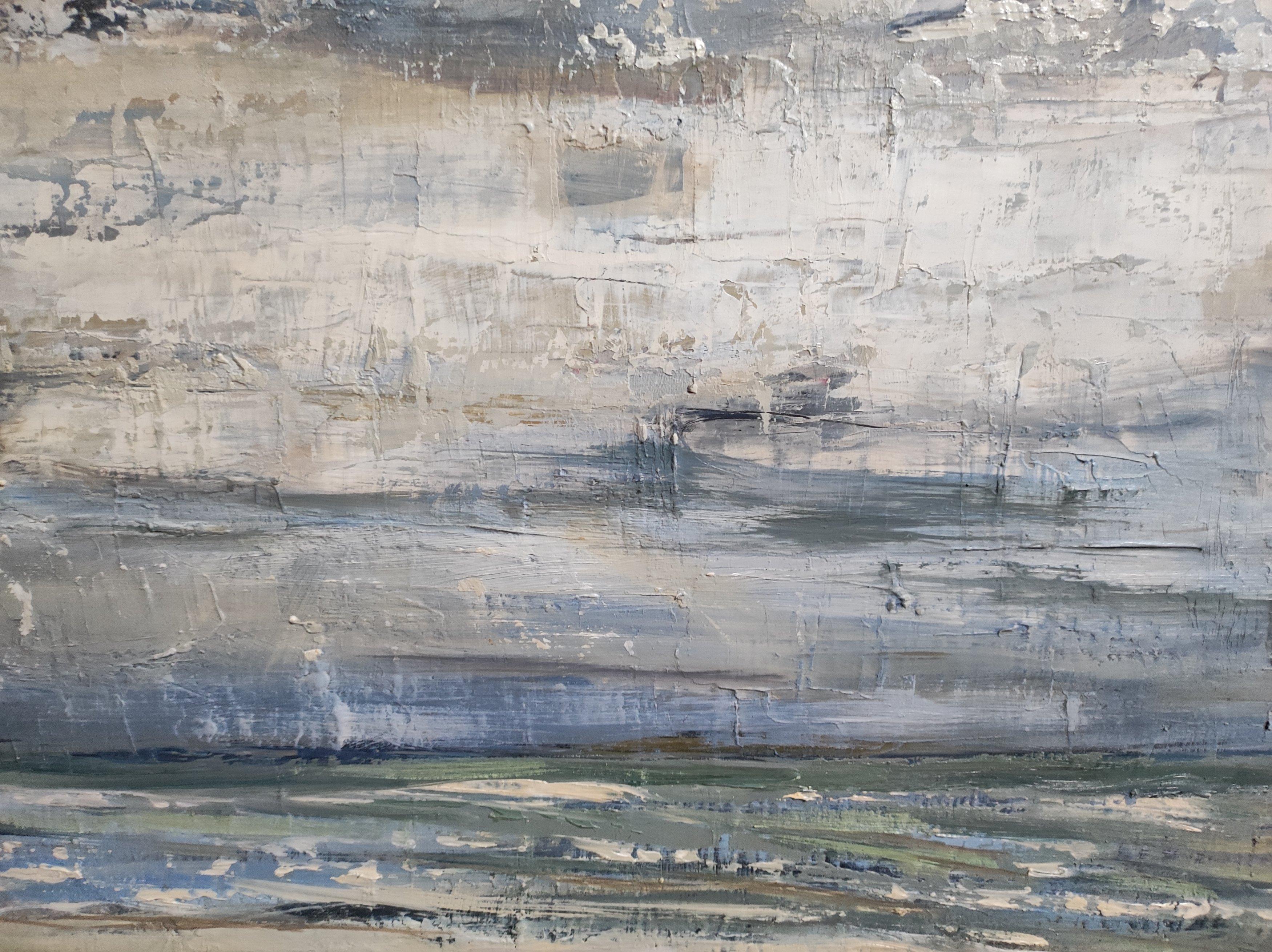 GRAY SKY, marine, seaside series, oil on canvas, semi-abstract, blue, texture For Sale 8