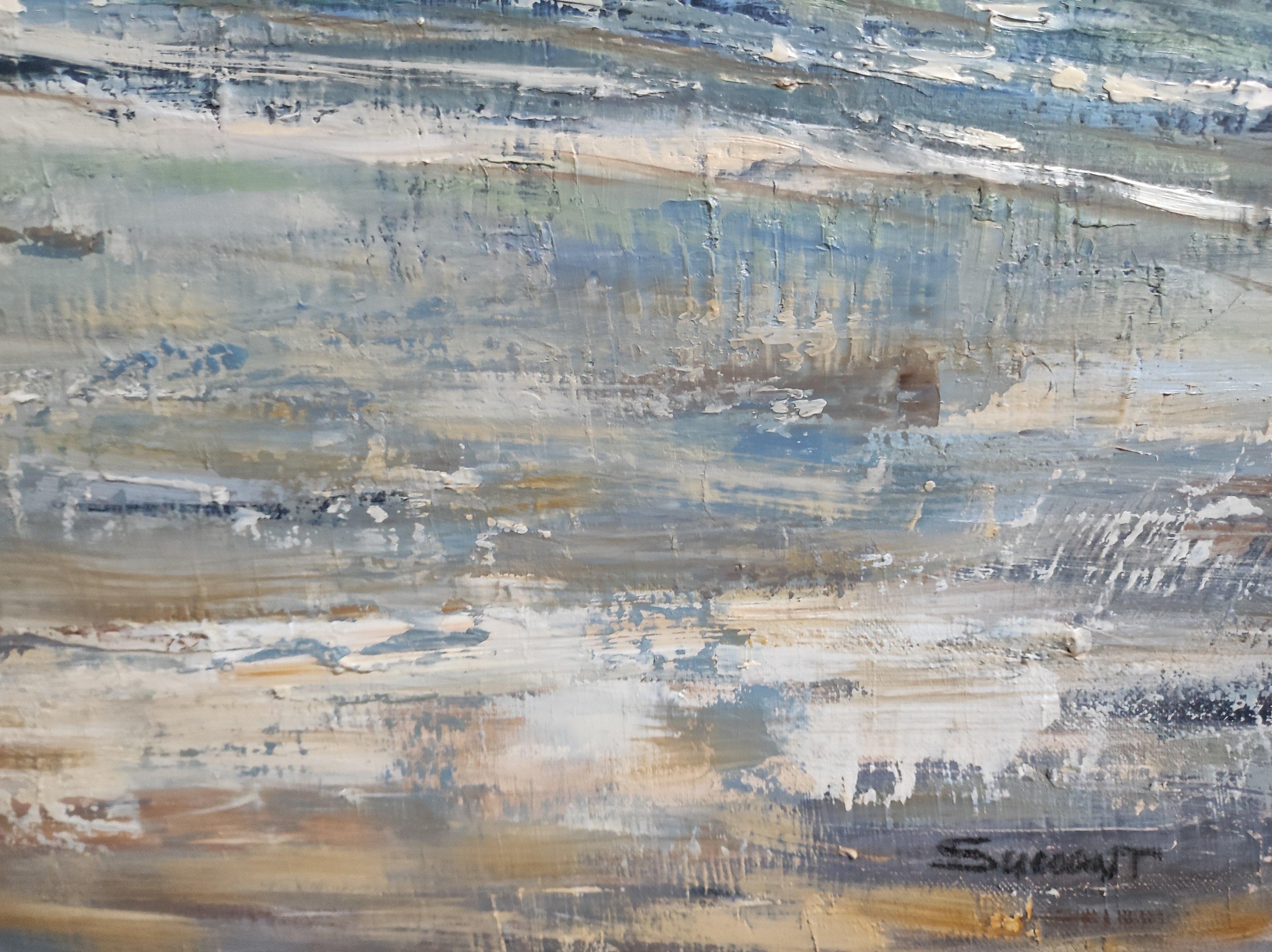 GRAY SKY, Marine, seaside, Oil on canvas, Semi-abstract, Blue, Impressionism - Abstract Impressionist Painting by SOPHIE DUMONT