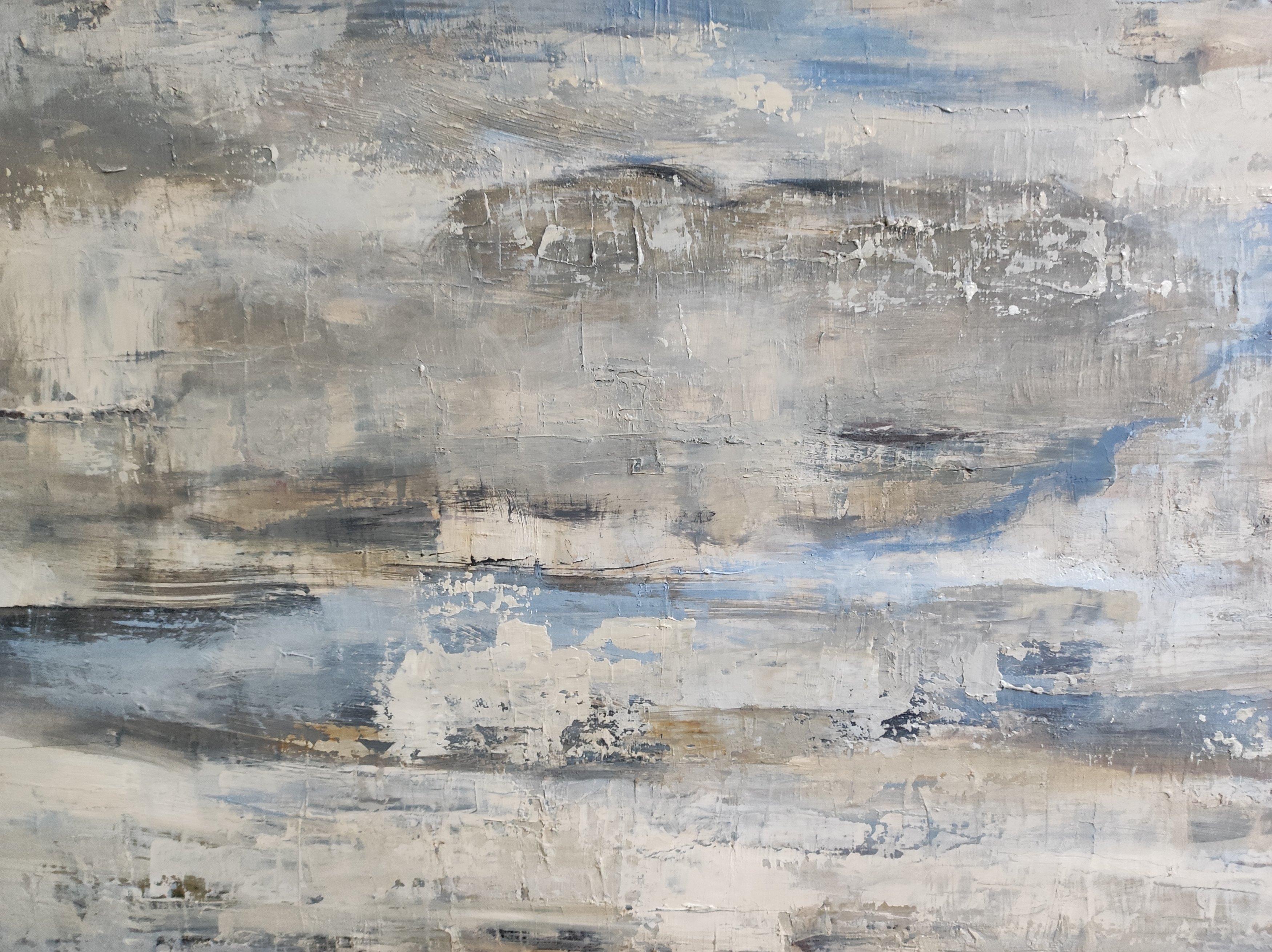 GRAY SKY, marine, seaside series, oil on canvas, semi-abstract, blue, texture For Sale 1