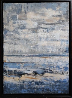 Des falaises et de la plage, paysage marin abstrait, huile sur toile, bleu, France, texture