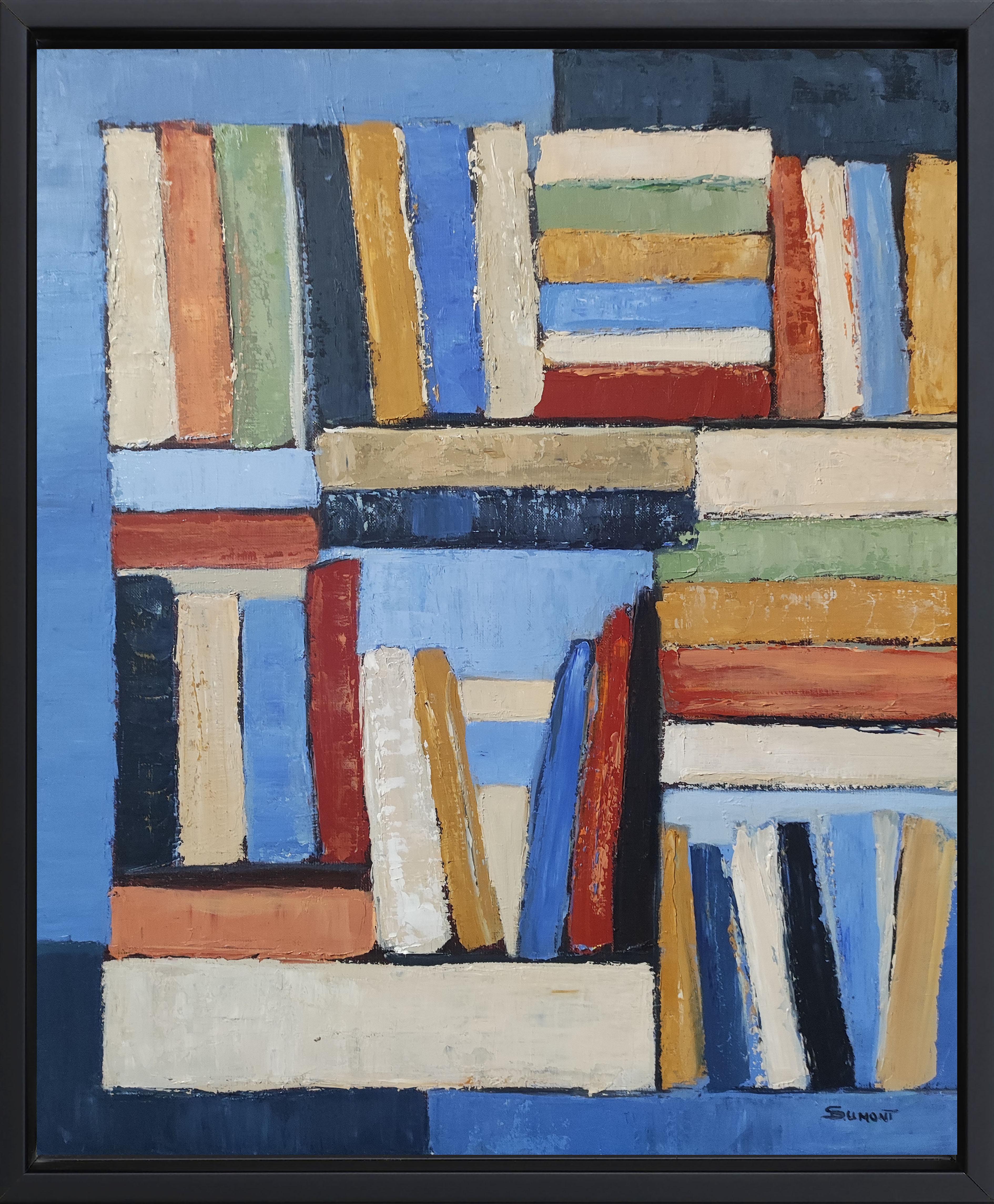 SOPHIE DUMONT Abstract Painting - Collection,  abstract library,  colored, expressionism, geometric blue, oil