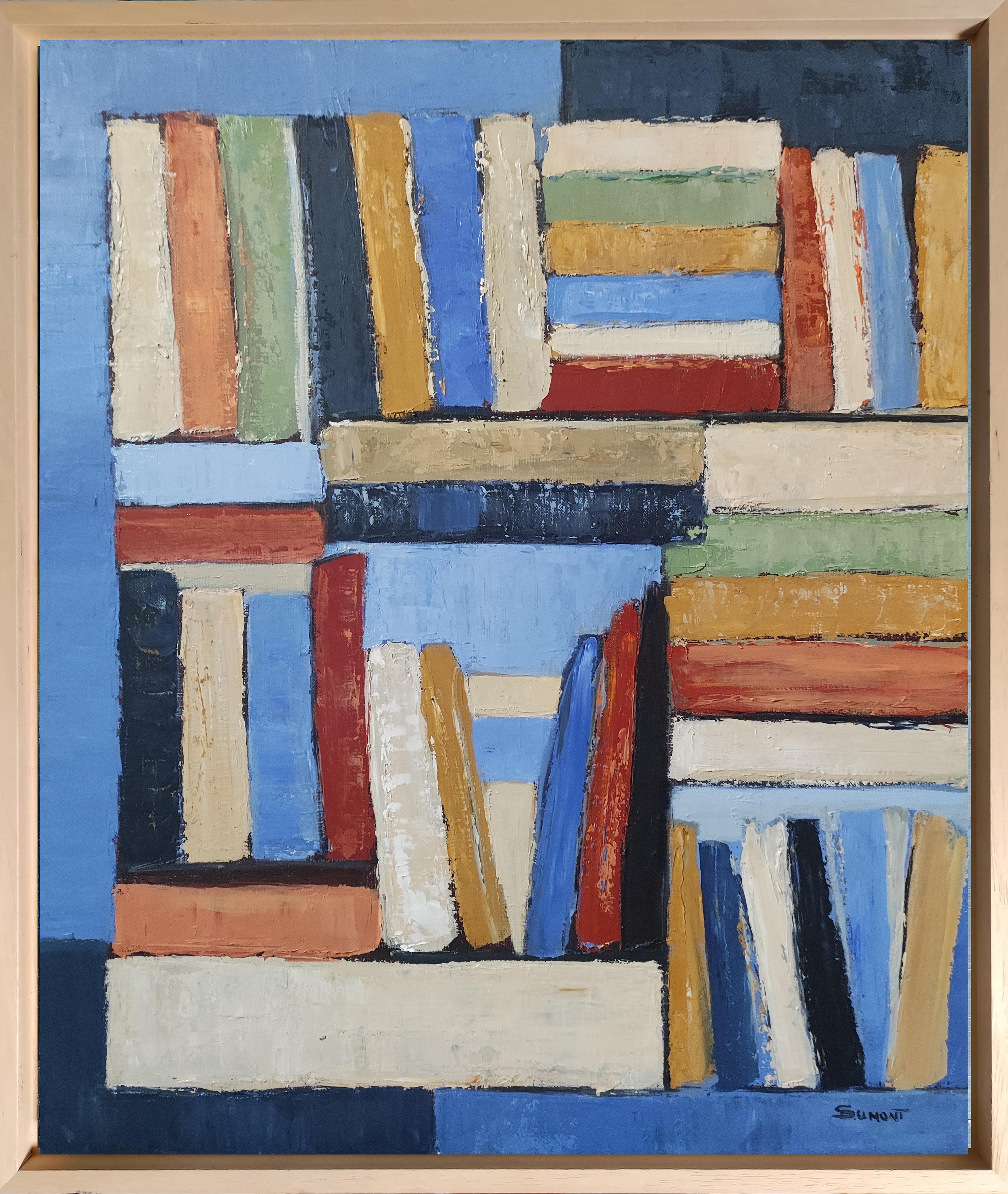 Collection,  abstract library,  colored, expressionism, geometriic blue, oil - Abstract Geometric Painting by SOPHIE DUMONT
