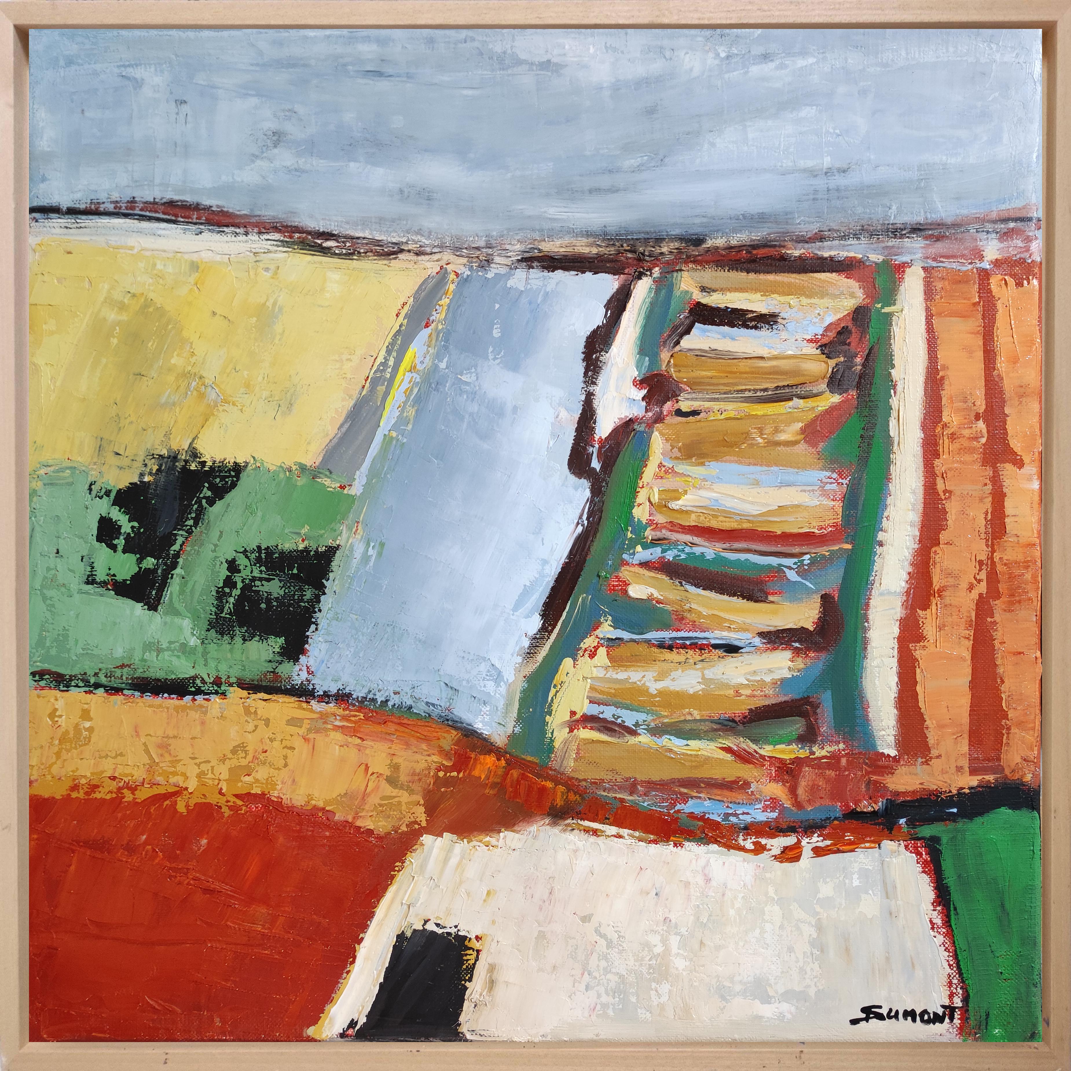 campi colorati, espressionismo astratto del paesaggio, olio su tela, campagna - Painting di SOPHIE DUMONT