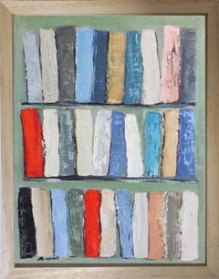 SOPHIE DUMONT - colorful books, abstract geometric still life, library, oil on canvas, modern colorful books, abstract geometric still life, library, oil on canvas, modern