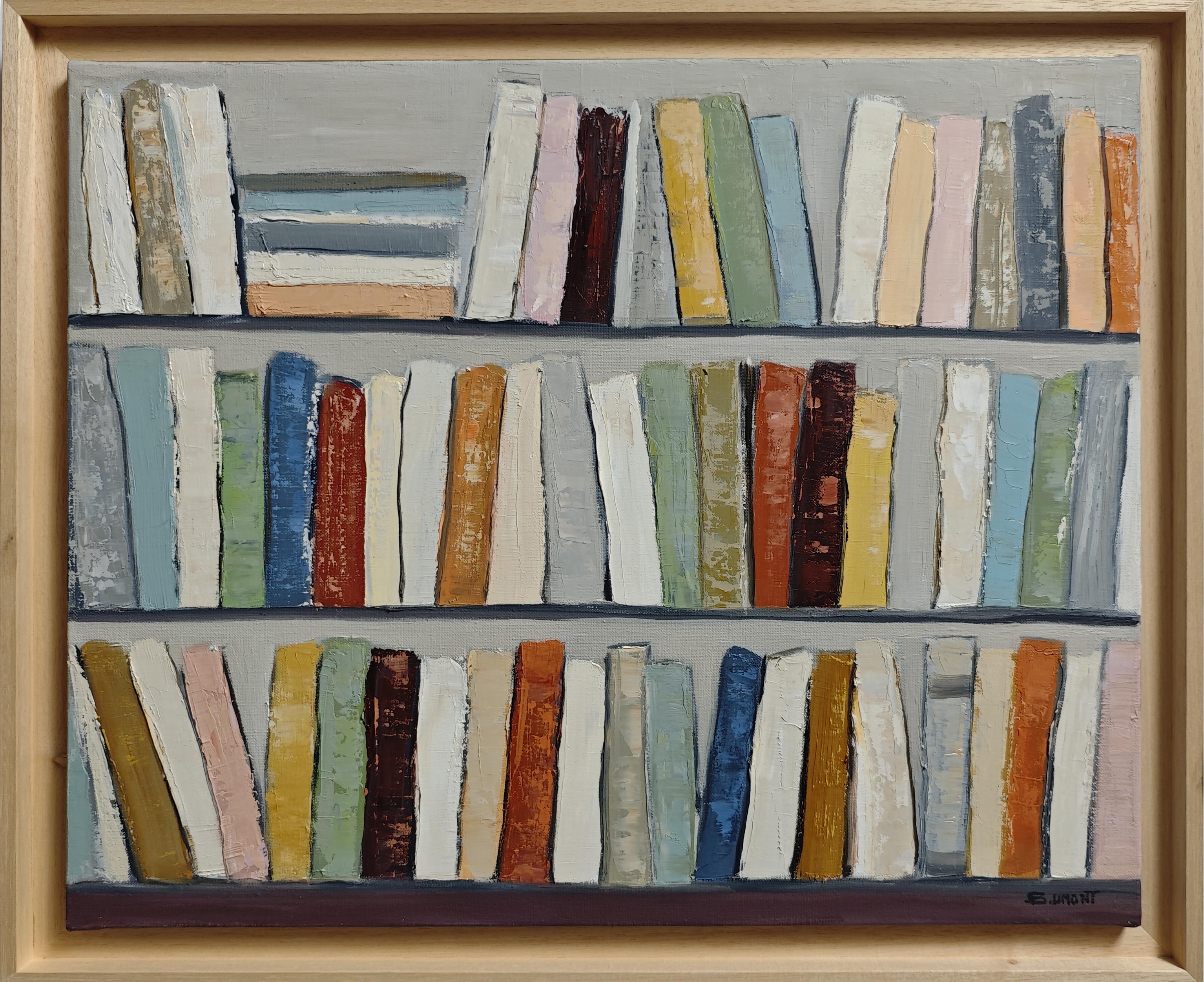 Letteratura colorata, Biblioteca, Multicolore astratto, Espressionismo, Geometrico - Still-Life Painting Grigio di SOPHIE DUMONT