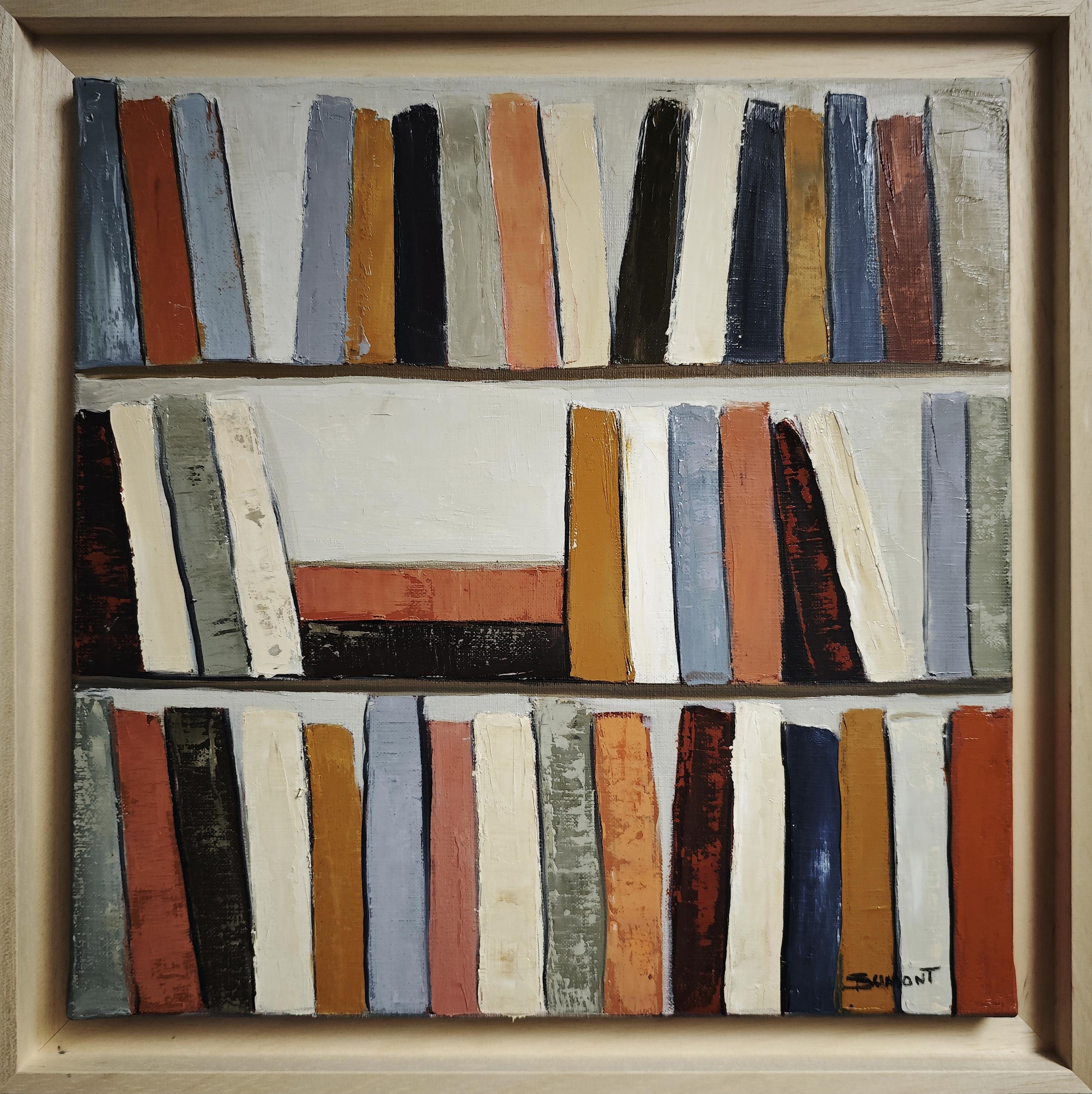 SOPHIE DUMONT Still-Life Painting - Colors of Reading– Original Textured Abstract Library, Oil Paint, Contemporary