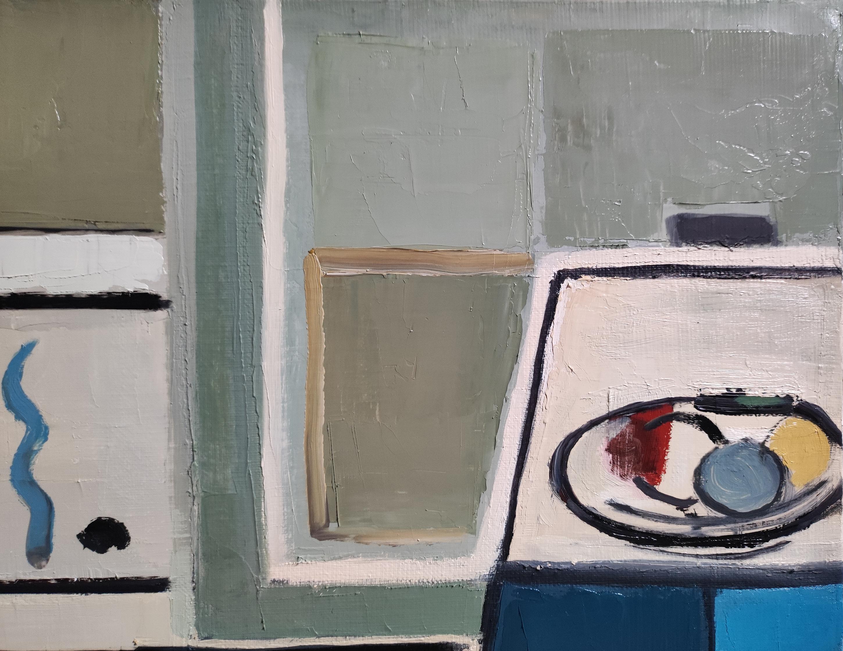 Composizione, Astratto, Verde, Geometrico, Contemporaneo, Olio, cubismo, Francese - Interior Painting Nero di SOPHIE DUMONT