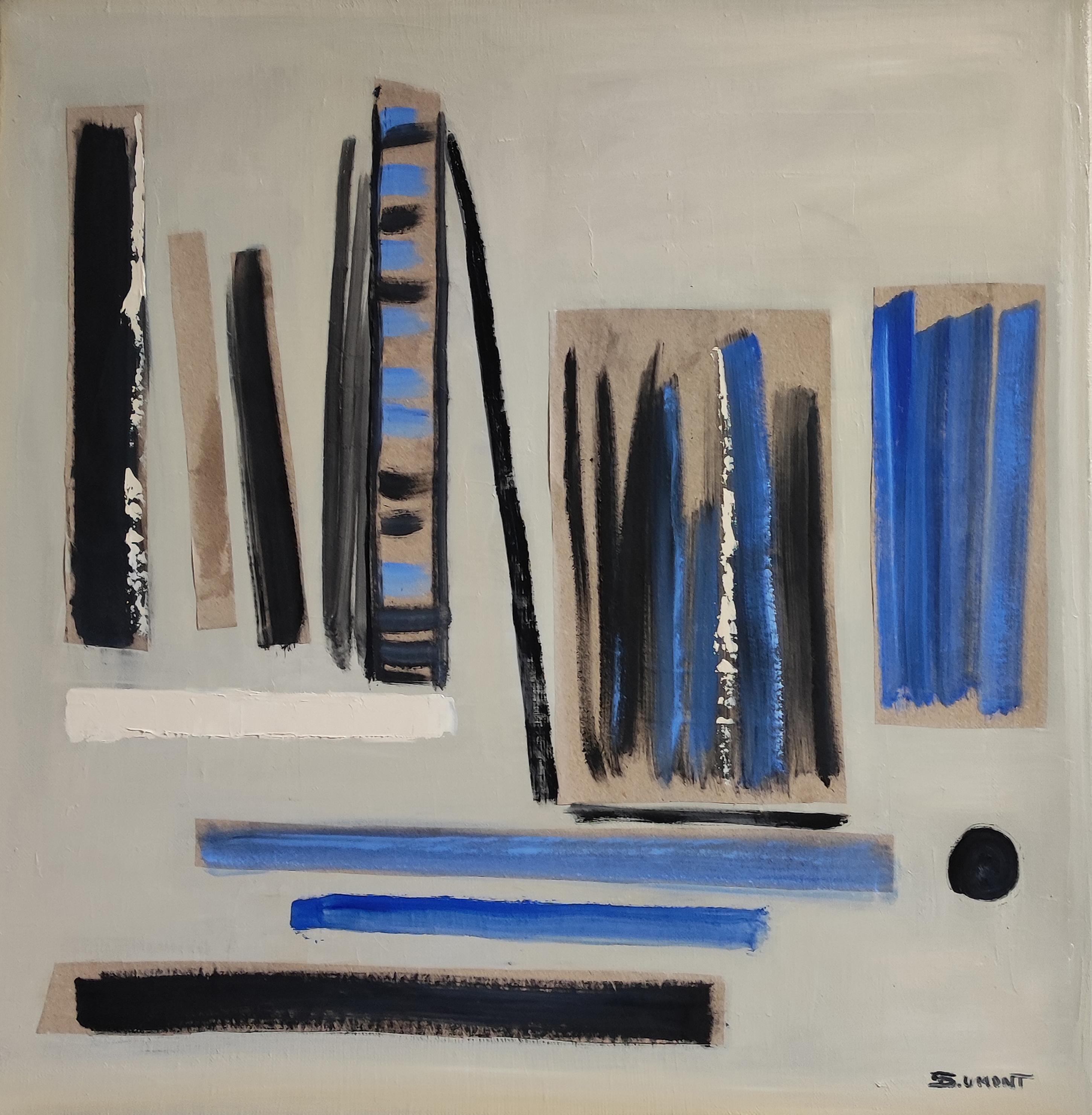 Concerto, Astrazione lirica, Olio e collage, blu e nero, Moderno - Painting di SOPHIE DUMONT