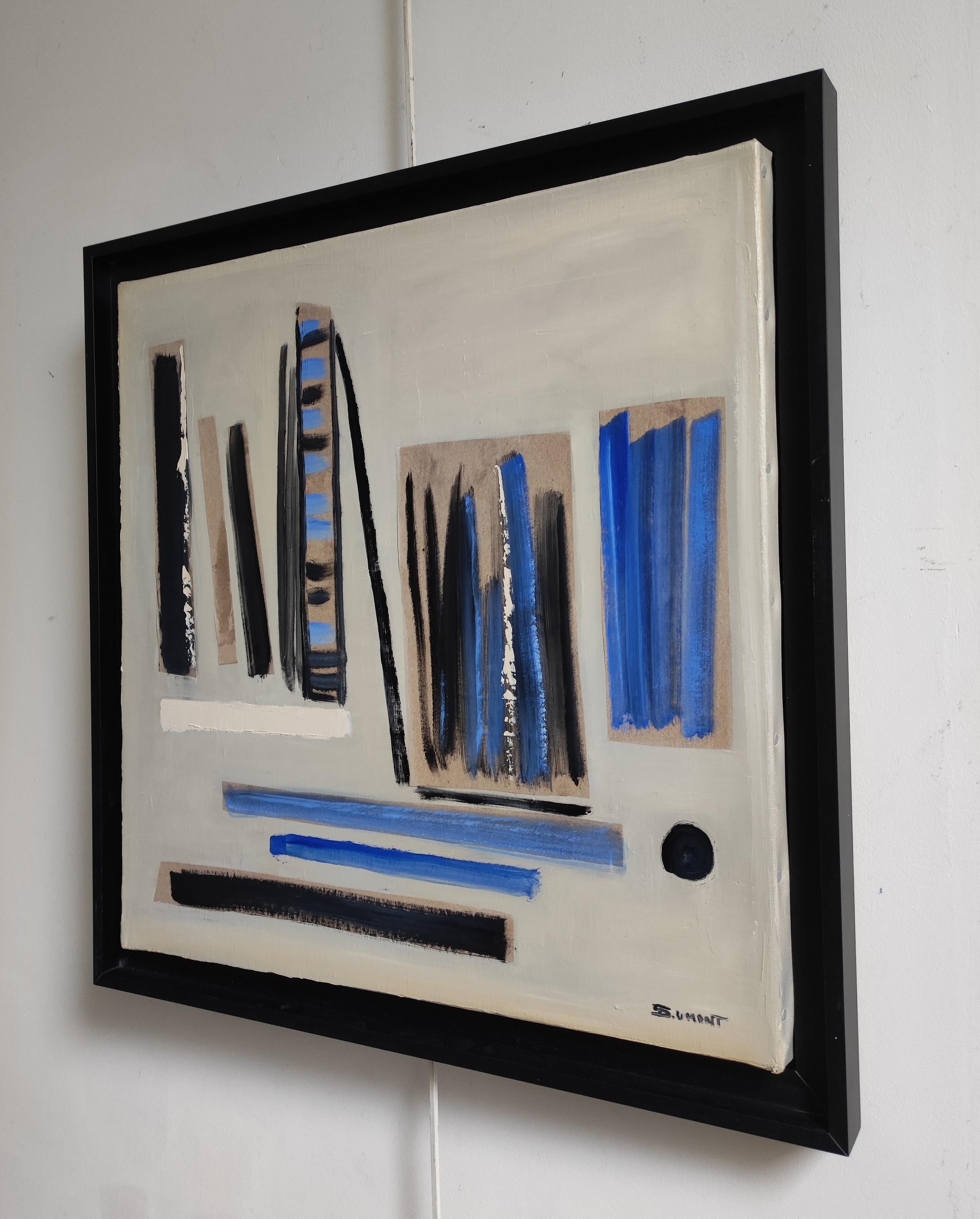 Concerto, Astrazione lirica, Olio e collage, blu e nero, Moderno - Painting Astrattismo geometrico di SOPHIE DUMONT