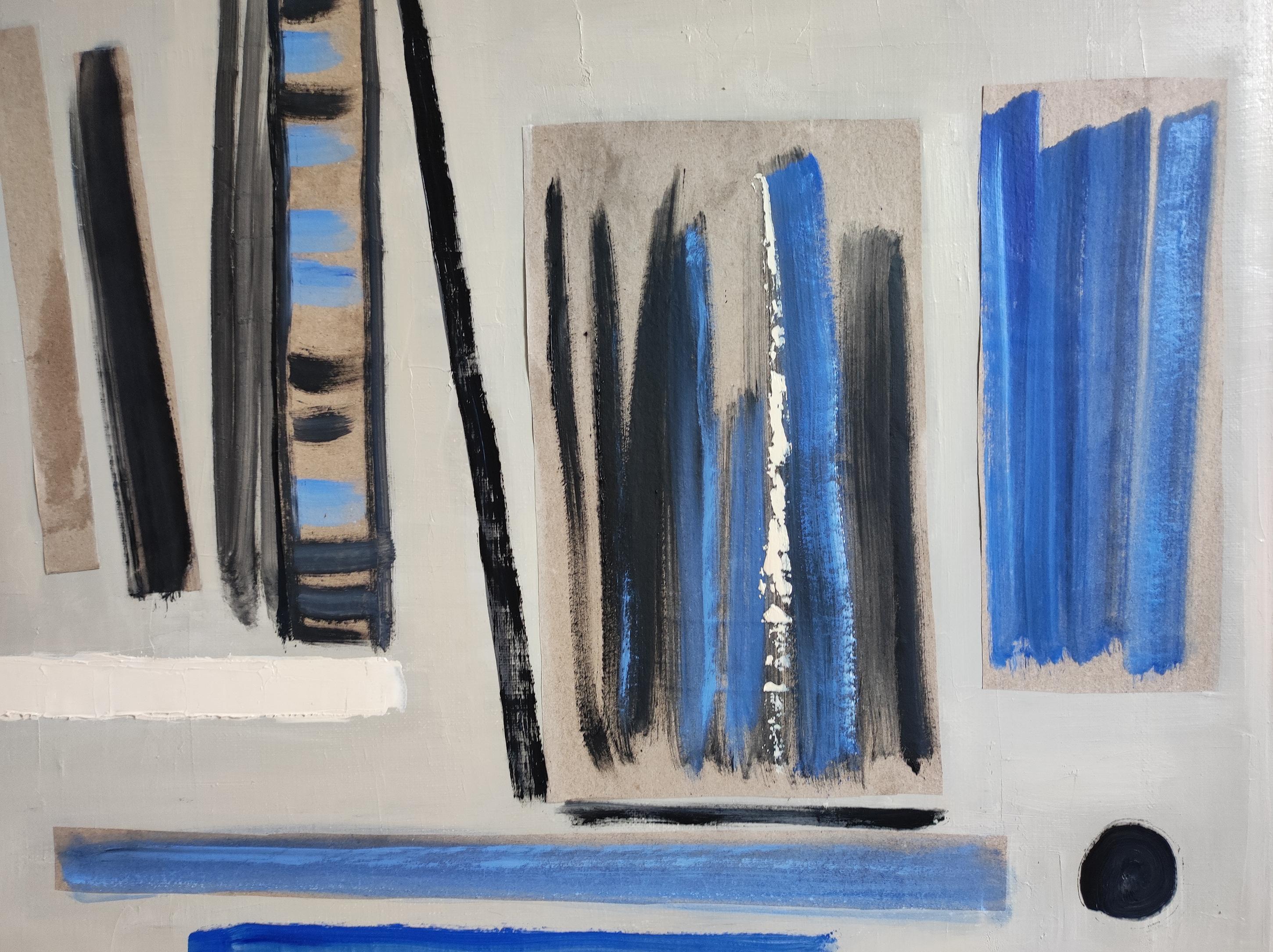 Concerto, Astrazione lirica, Olio e collage, blu e nero, Moderno - Still-Life Painting Grigio di SOPHIE DUMONT