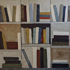 Memoria construida-Pintura abstracta al óleo, estantería estilizada con tonos cálidos