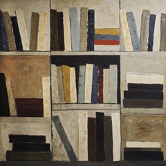 Constructed Memory-Abstract oil painting, stylized bookshelf with warm tones