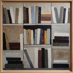 Memoria construida-Pintura abstracta al óleo, estantería estilizada con tonos cálidos