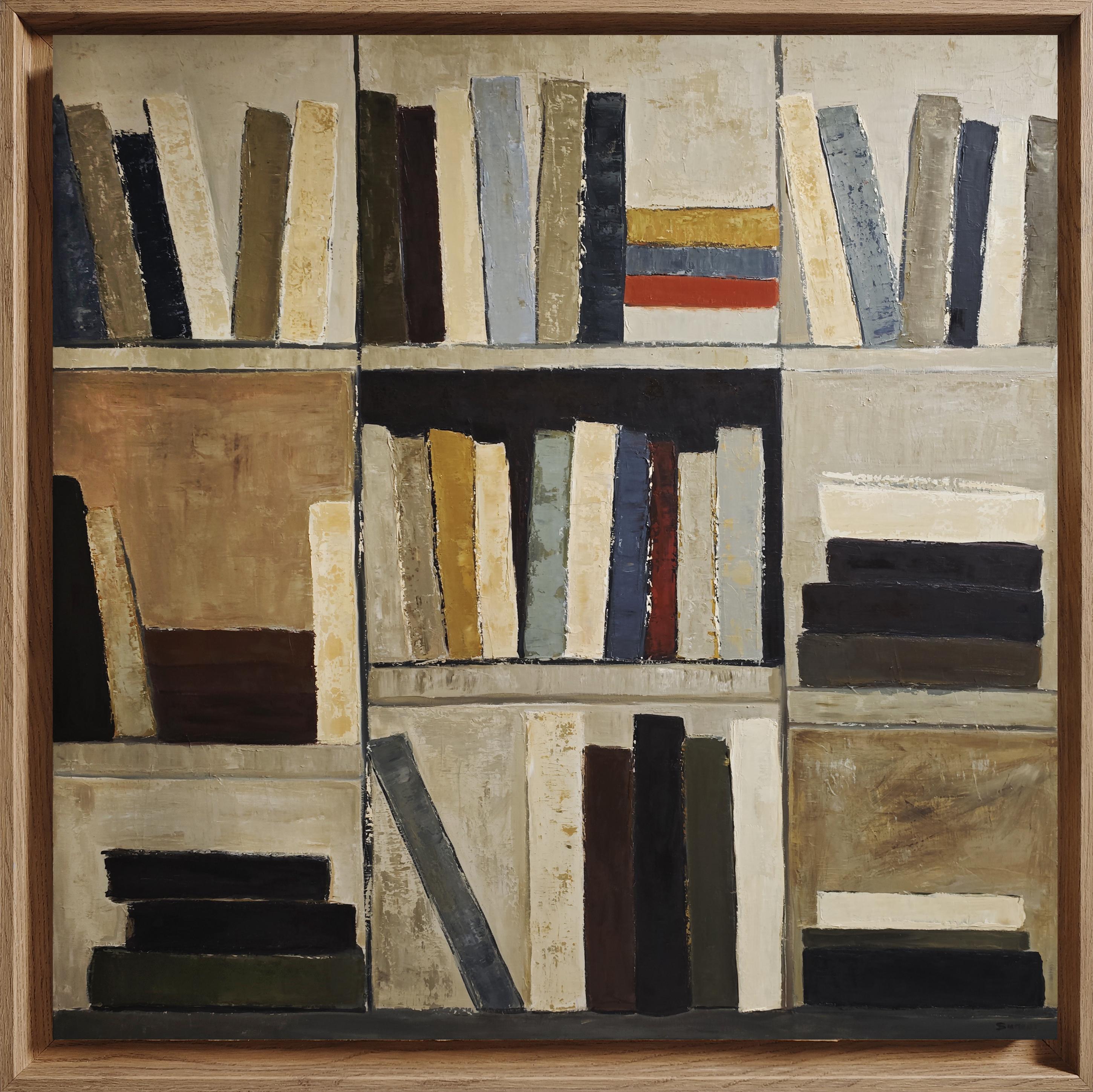 SOPHIE DUMONT Interior Painting – Constructed Memory-Abstract Ölgemälde, stilisiertes Bücherregal mit warmen Tönen