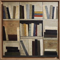 Constructed Memory-Abstract oil painting, stylized bookshelf with warm tones
