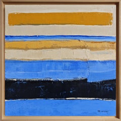 Sous le vent, Contemporary Abstract Painting in Blue and Ochre, Oil and Collage