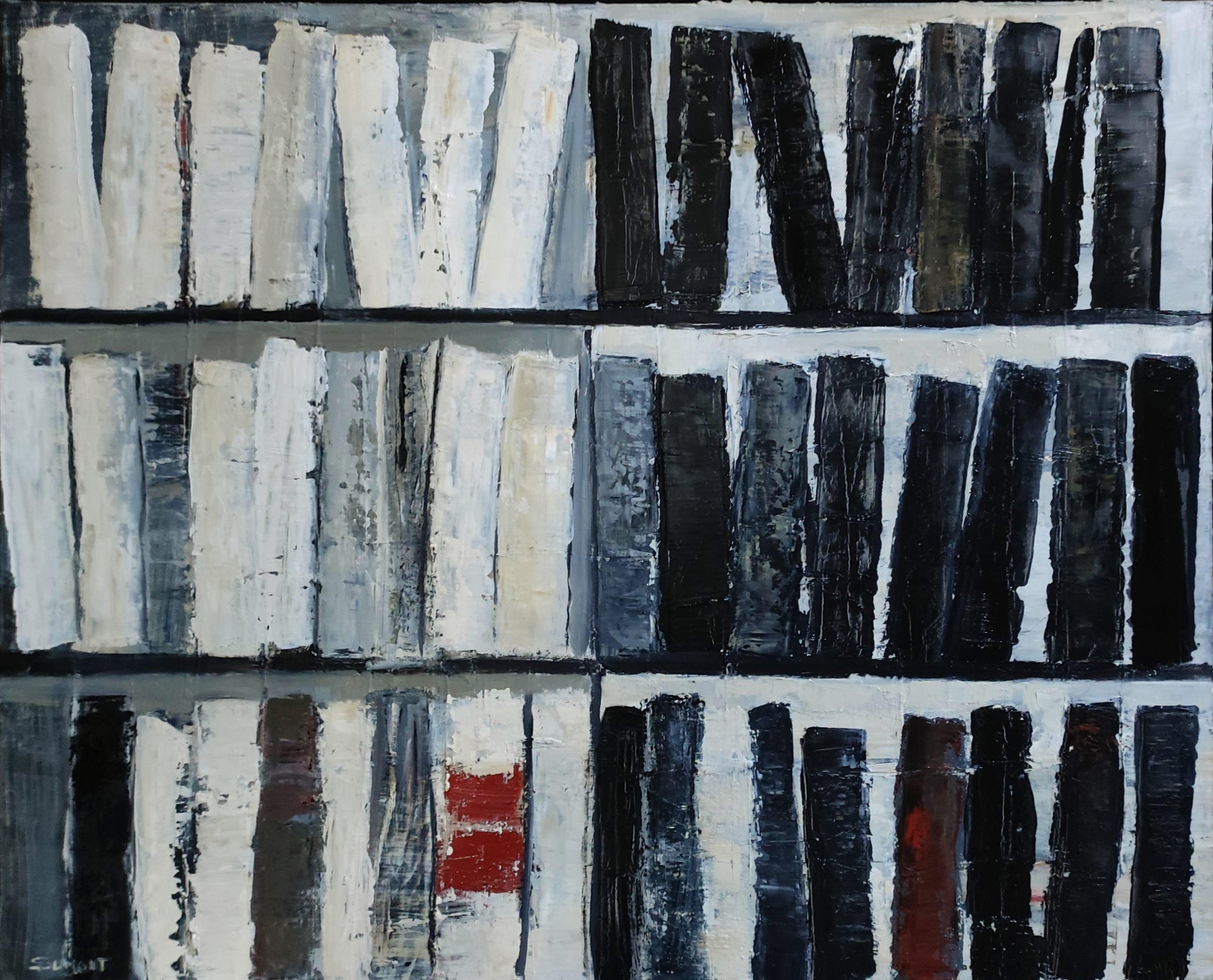 “Contrast” – Monochrome Textured Library Series, Oil on Canvas by Sophie Dumont - Painting by SOPHIE DUMONT