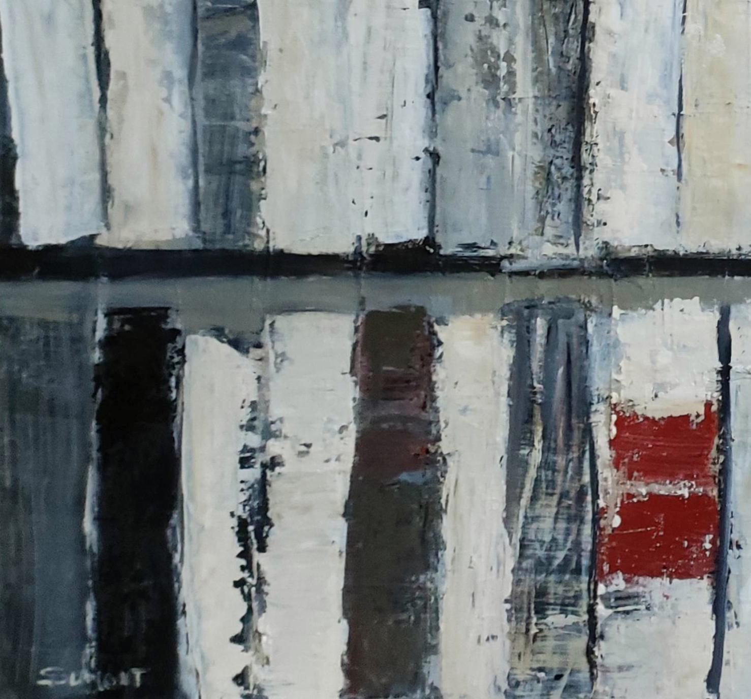 “Contrast” – Monochrome Textured Library Series, Oil on Canvas by Sophie Dumont - Abstract Geometric Painting by SOPHIE DUMONT