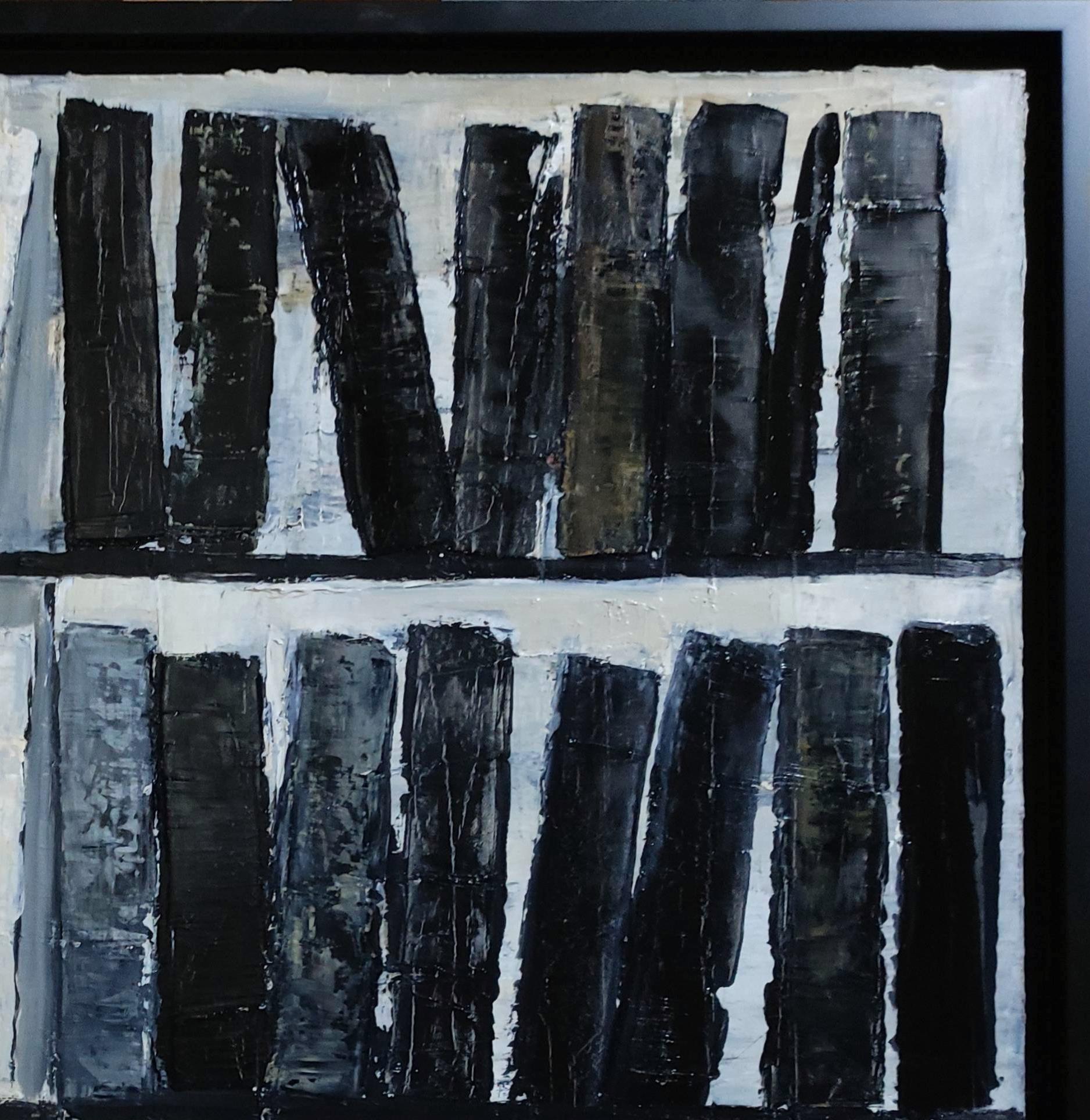 About the artwork
“Contrast” belongs to Sophie Dumont’s acclaimed Library Series (2023), a suite of vertical, textured oil-on-canvas compositions. Employing palette knife techniques, Dumont creates an interplay of rhythm and silence through three