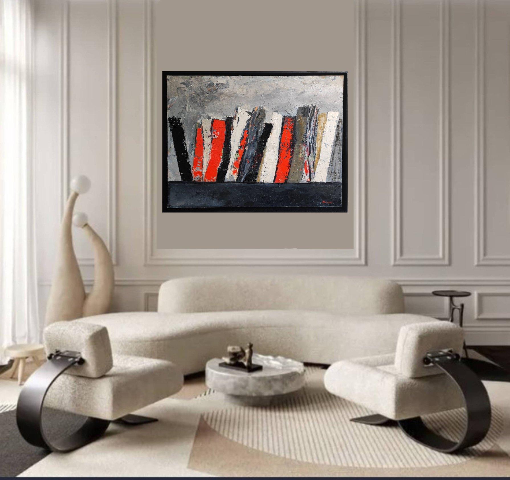 Liberté, oil on canvas, red abstract, expressionism, library serie, books - Abstract Geometric Painting by SOPHIE DUMONT